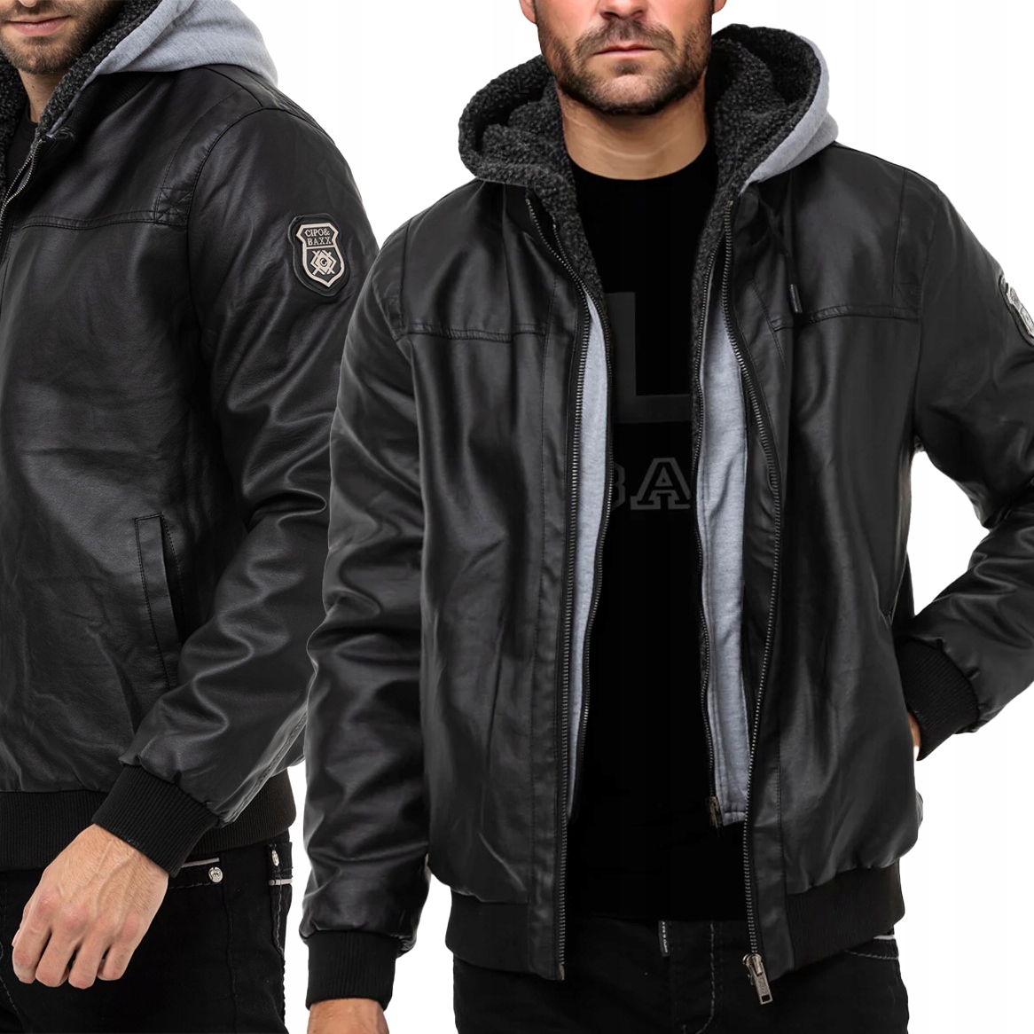 Pánská baseballová bunda Kapuce Kůže Odnímatelná Mikina