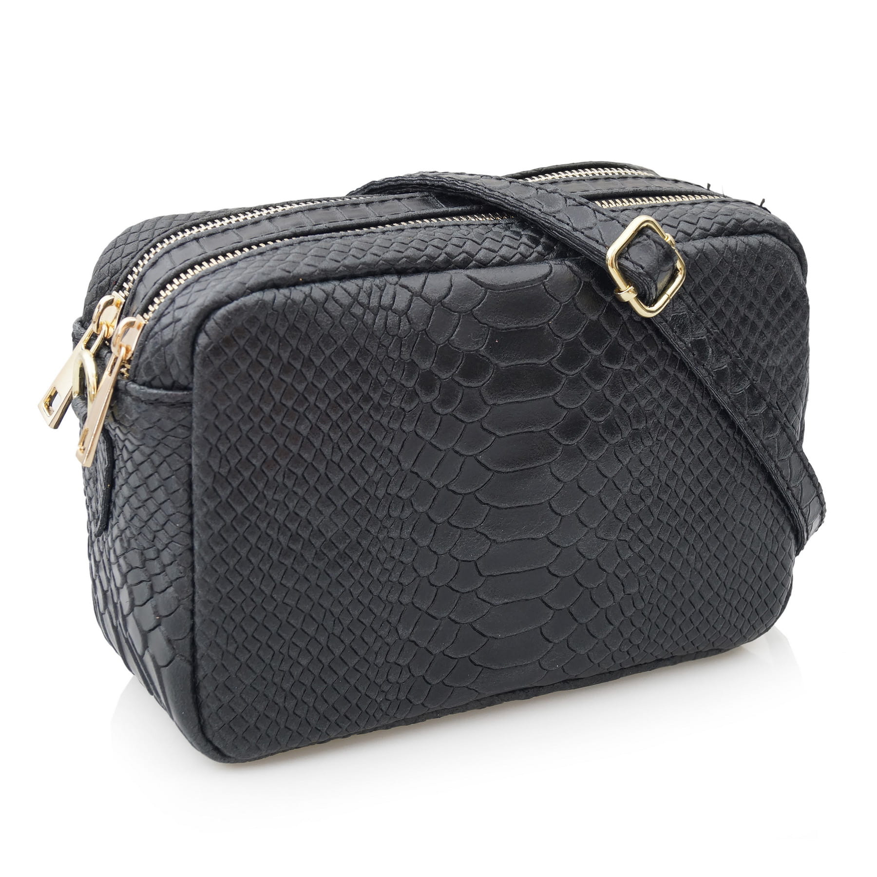 Vera Pelle torebka damska skórzana listonoszka kroko z paskiem Czarna