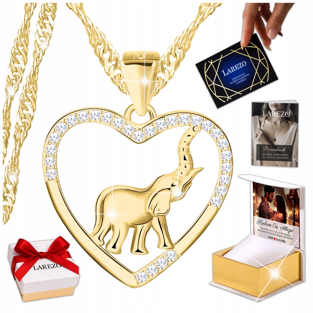 Złoty Naszyjnik ze Słoniem 925 Słoń Serce z Cyrkoniami Duży Słonik Nadruk