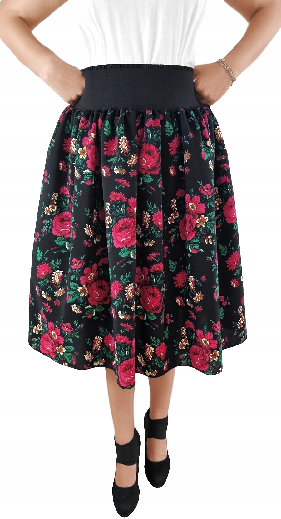 Vzdušná Krakovská 3/4 Sukně s květinami Široká guma *FolkStyle* S