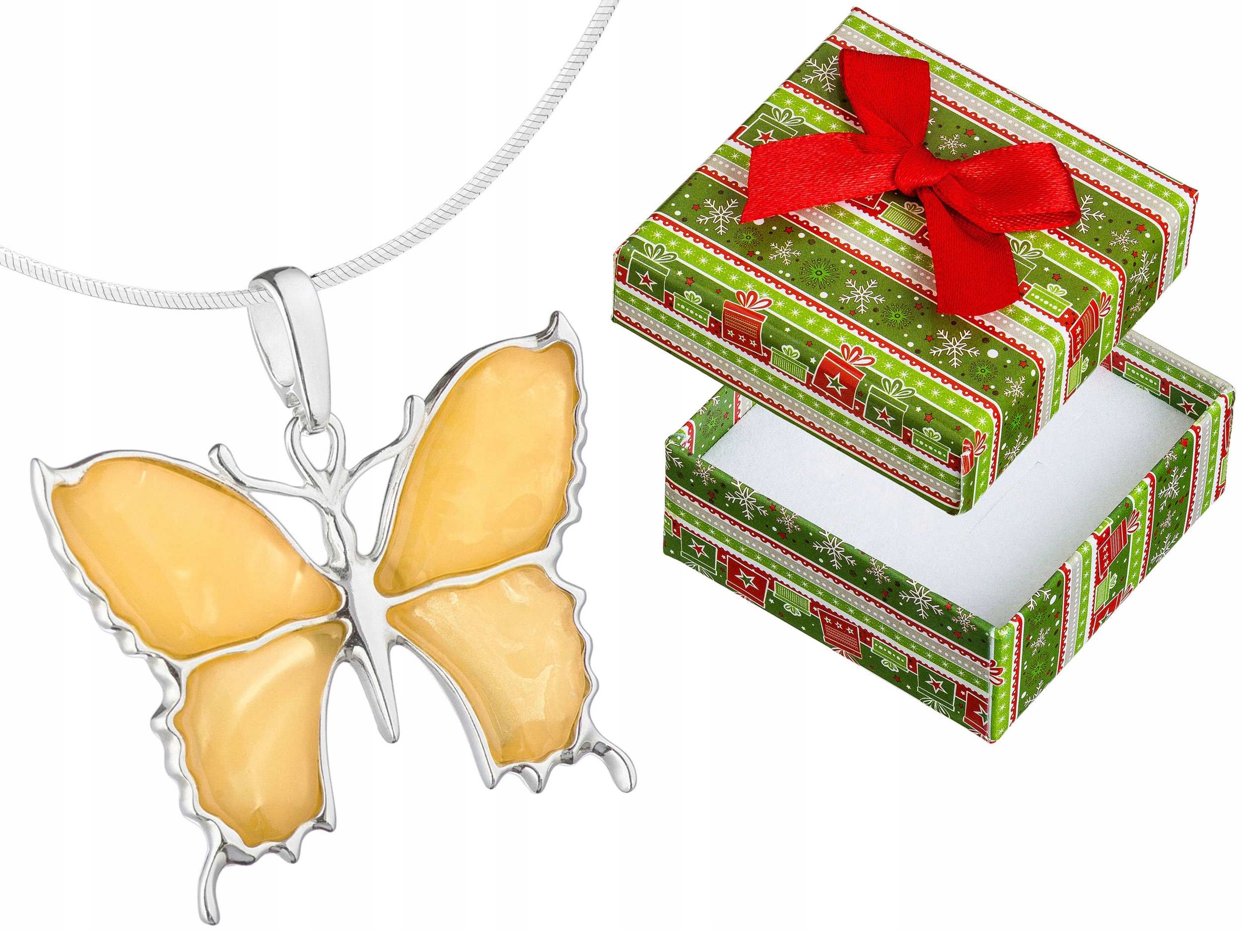 Velký Stříbrný Náhrdelník Motýl s Jantarem Stříbro Mléčný Jantar Dlouhý 50