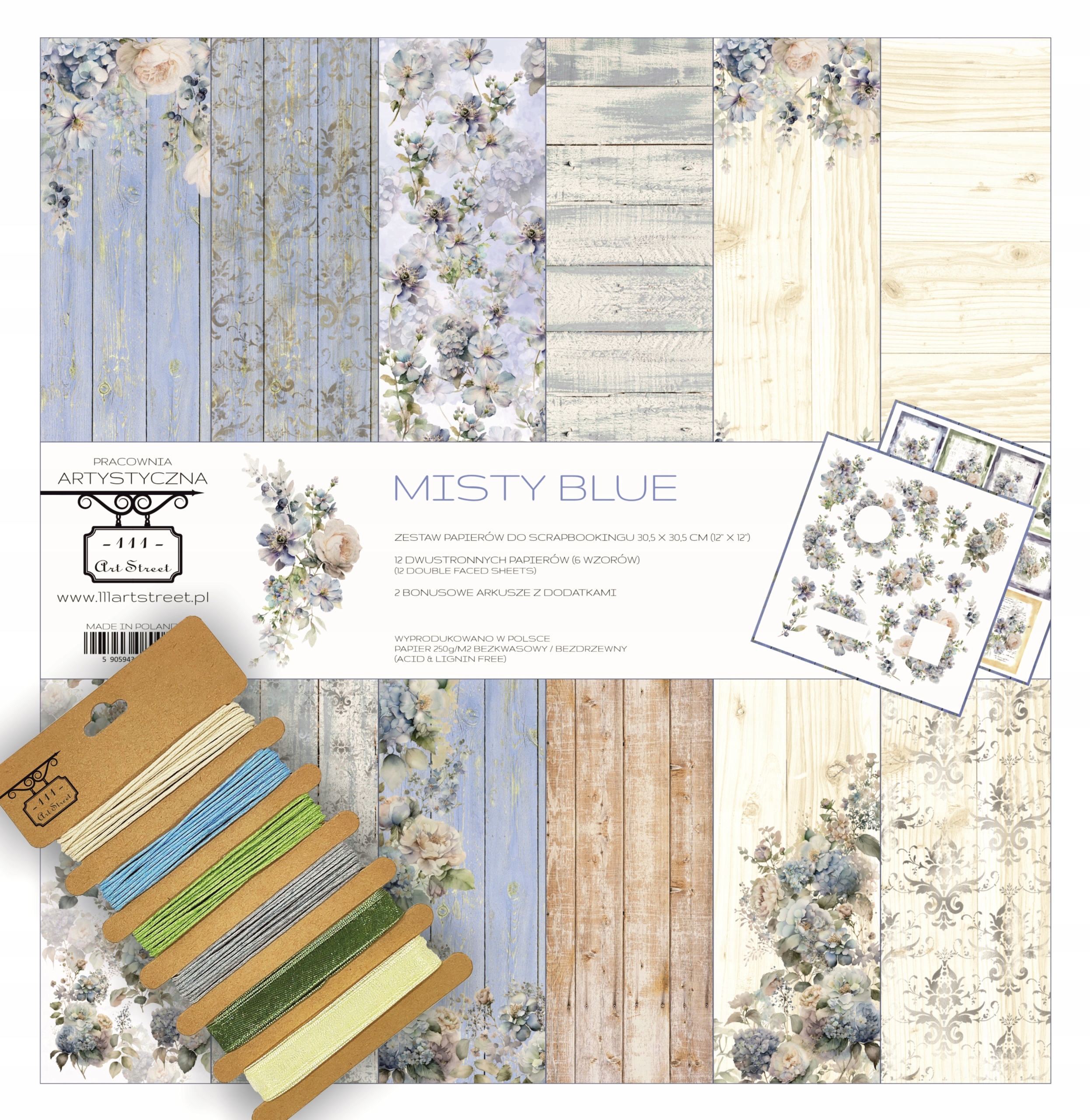 Papier do scrapbookingu Misty Blue 12 Dw. Arkuszy Dodatki! 111 Art Street