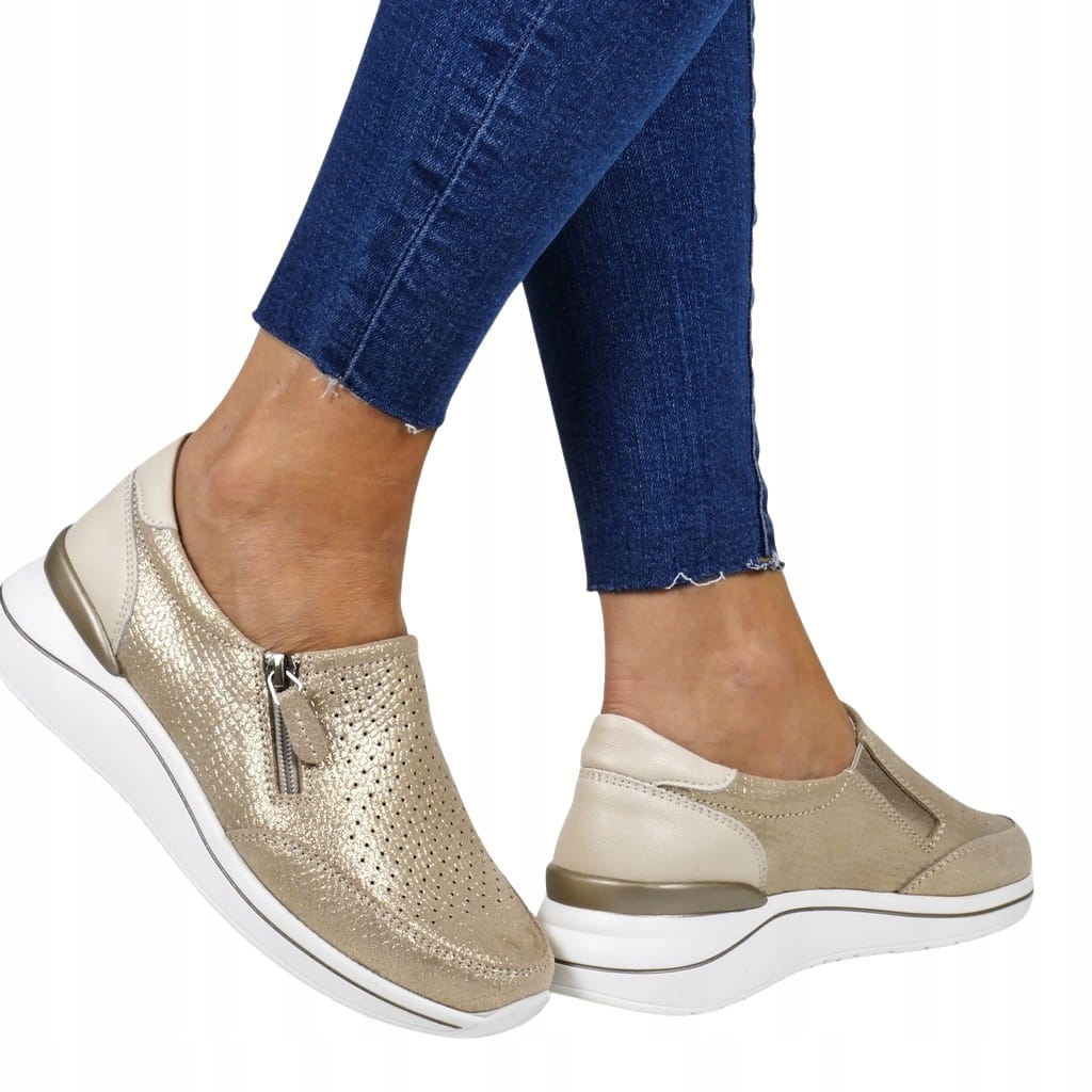 SKÓRZANE BUTY DAMSKIE PÓŁBUTY SNEAKERSY NA KOTURNIE ZŁOTE GOLD WYGODNE Marka bez marki