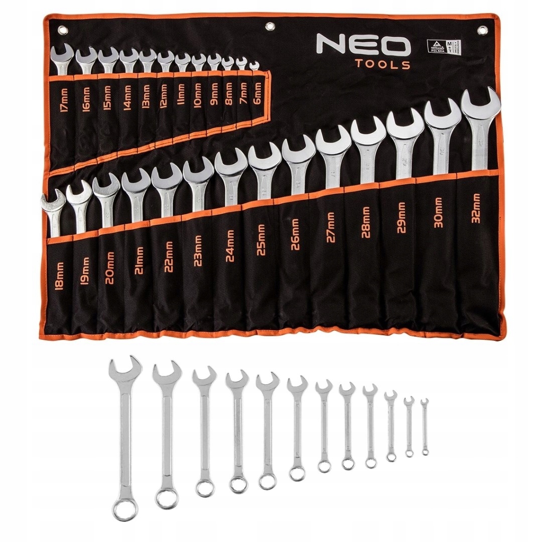 KLUCZE PŁASKO-OCZKOWE 6-32 MM ZESTAW 26 ELEMENTÓW W ETUI NEO TOOLS Stan opakowania oryginalne