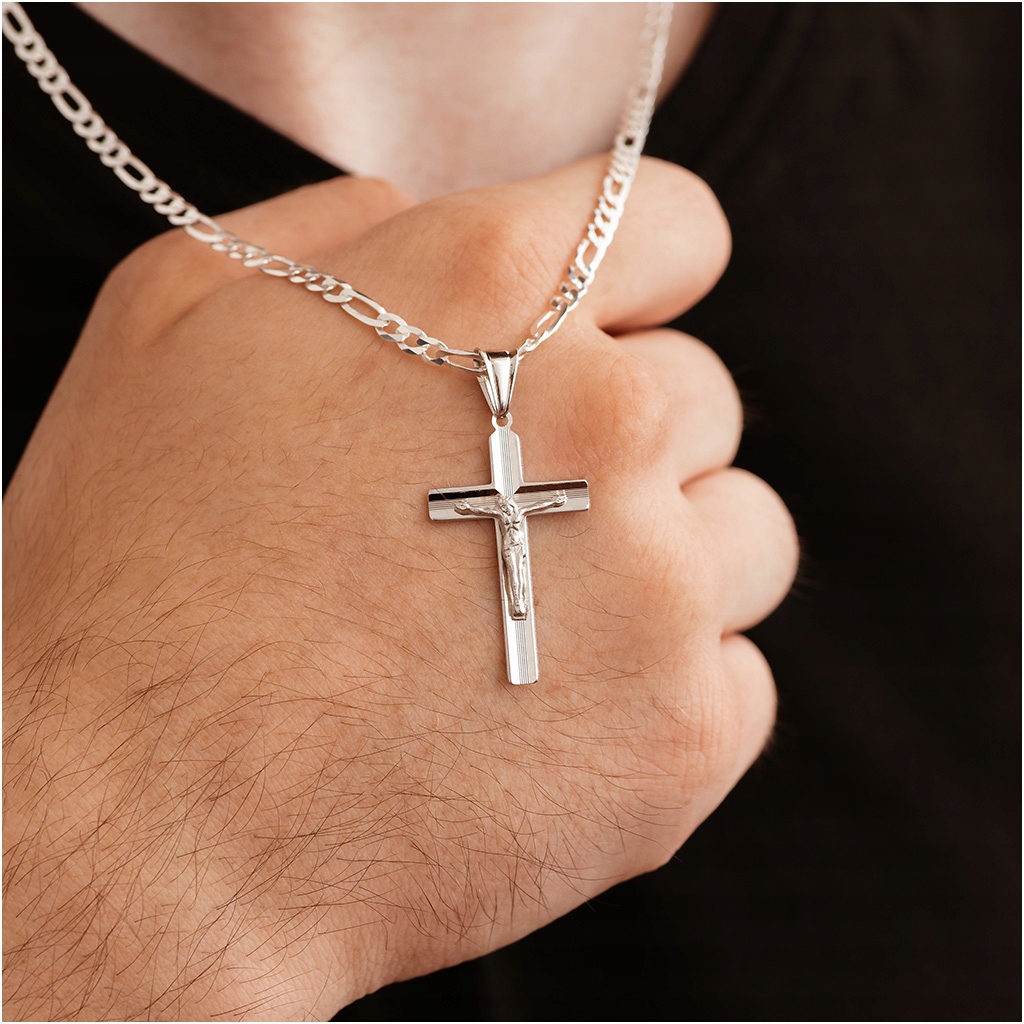 Krzyżyk srebrny męski z Jezusem FREZOWANY rodowany srebro 925 Kolekcja srebrny krzyżyk męski