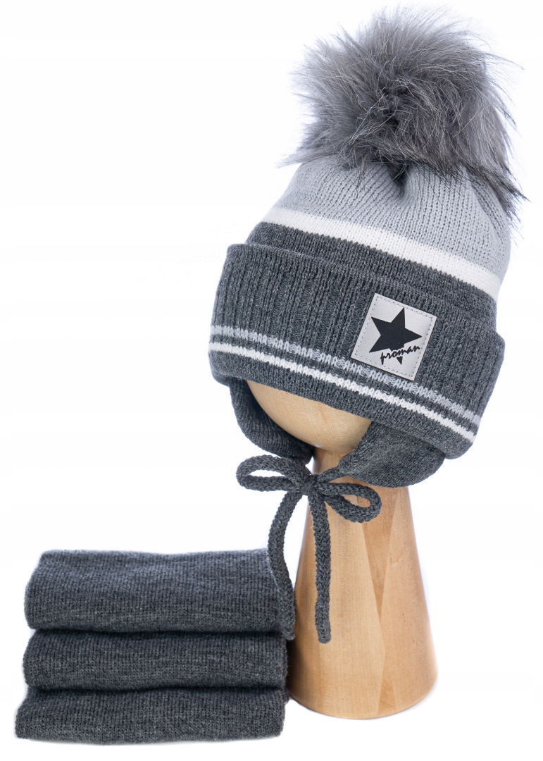 054 KOMPLET CZAPKA + SZALIK 2-3 LATA PODWóJNA POMPON Płeć chłopcy