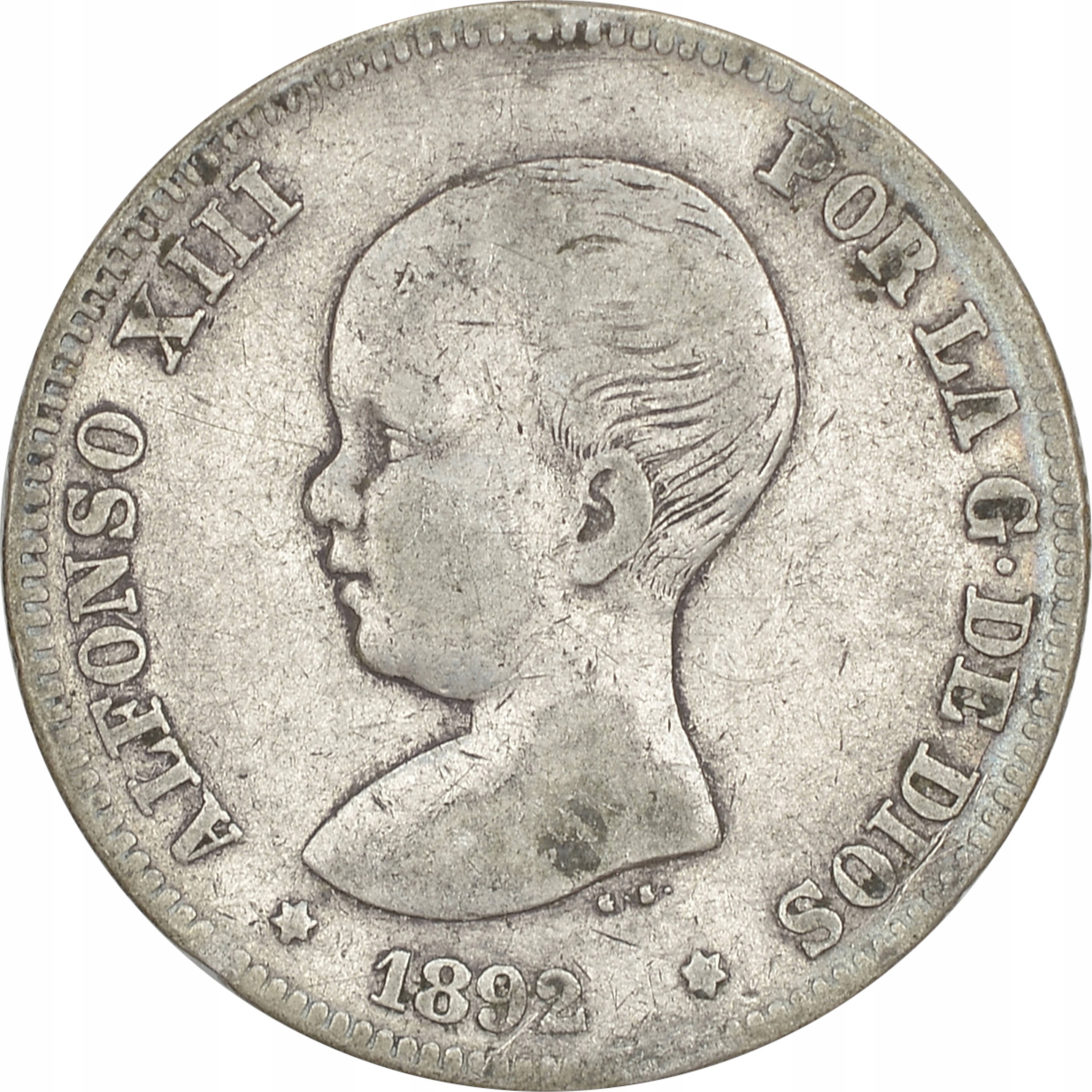 14.HISZPANIA, ALFONS XIII, 2 PESETY 1892 PG M