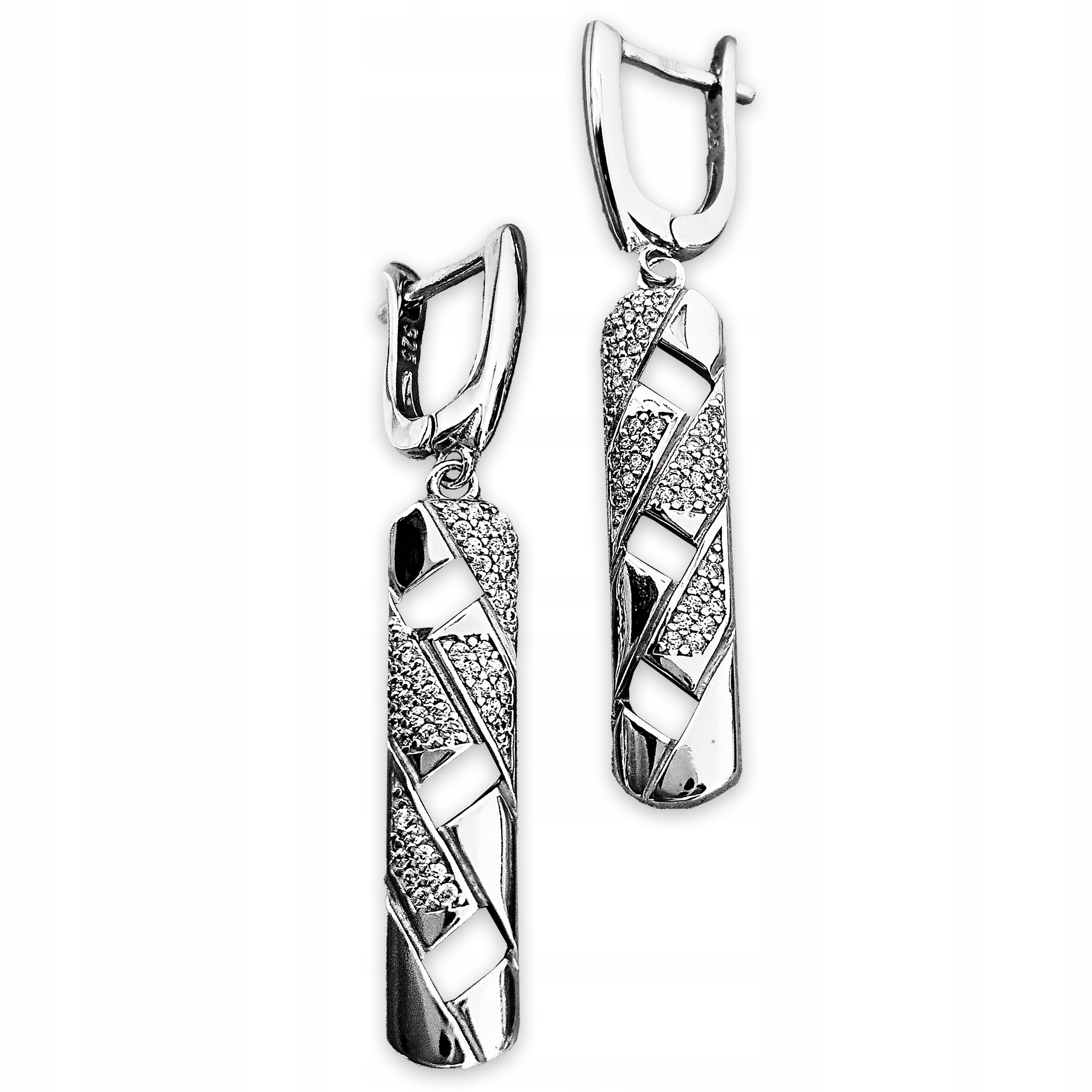 Stříbrné náušnice 925, visící řetízky, široký pancíř, bílé zirkony