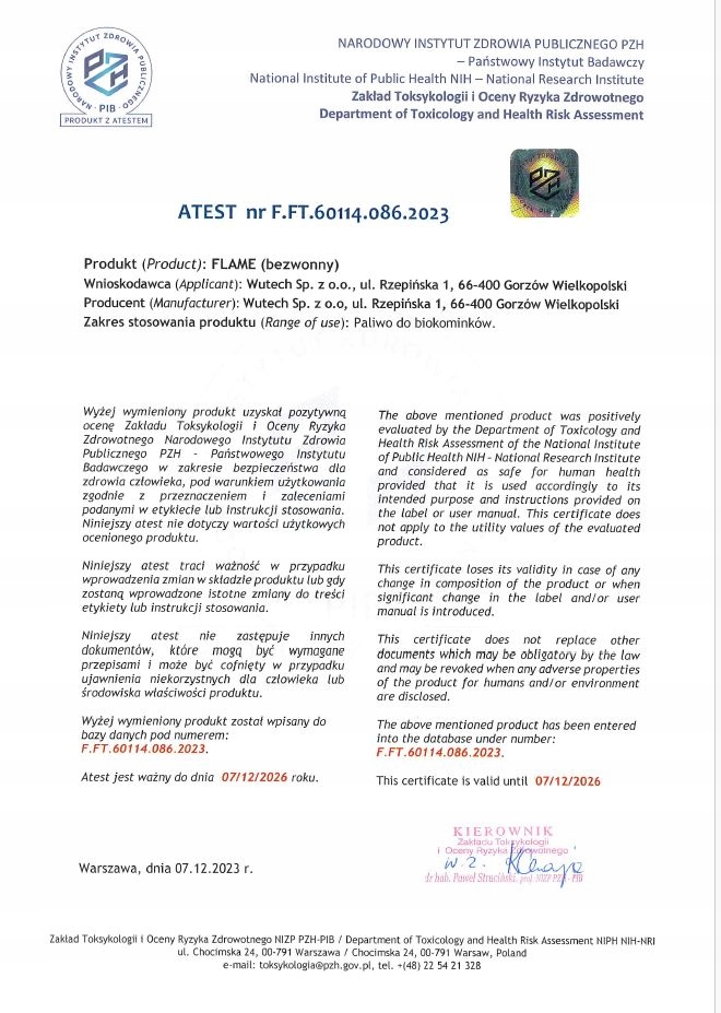 Paliwo do biokominków ATEST PZH 20L (4x5L) Megaspec Flame Bio Bioetanol Marka Masterio