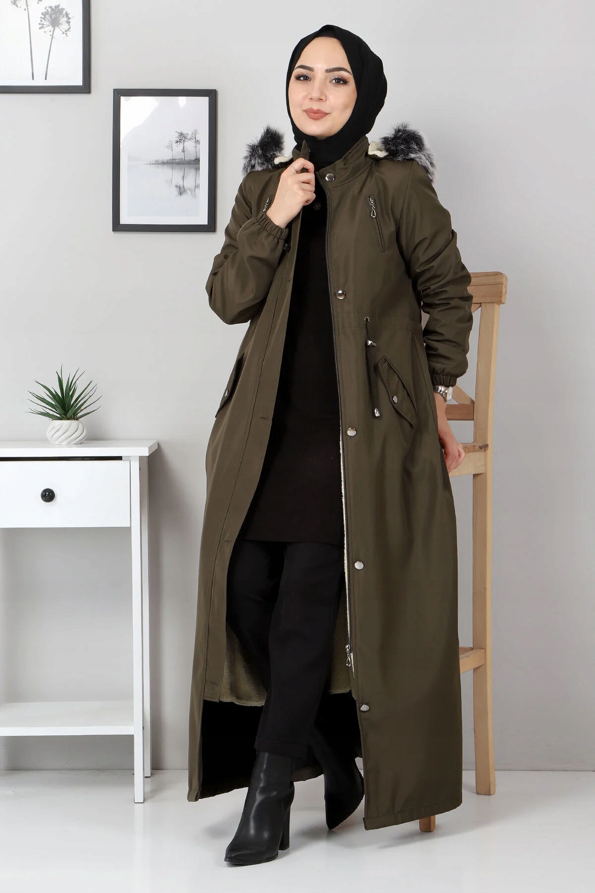 Dlouhá Dámská Bunda Parka S Kapucí A Kožešinou Khaki 54 5HA*