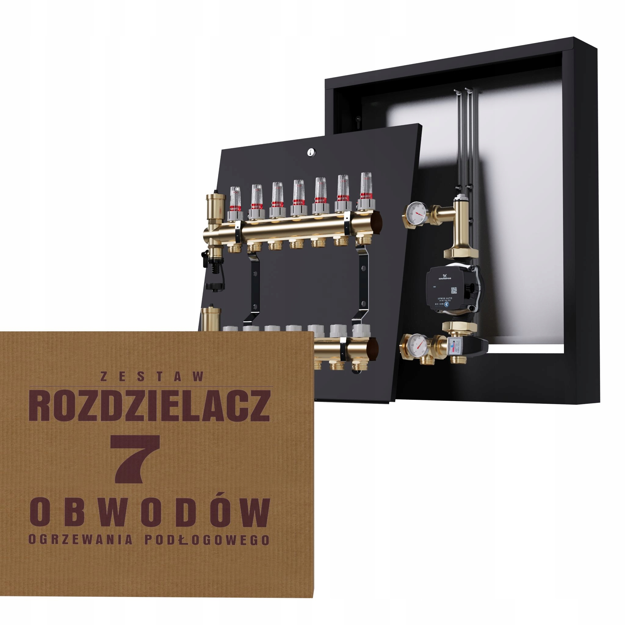 Rozdělovač pro podlahu 7 okruhů a čerpadlo Grundfos nástěnný černý