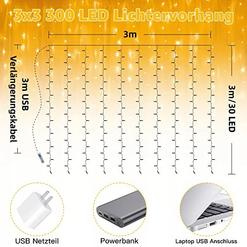 OLLNY Kurtyna Girlanda Świetlna Lampki Łańcuch 3x3m 300 LED — miniatura 4