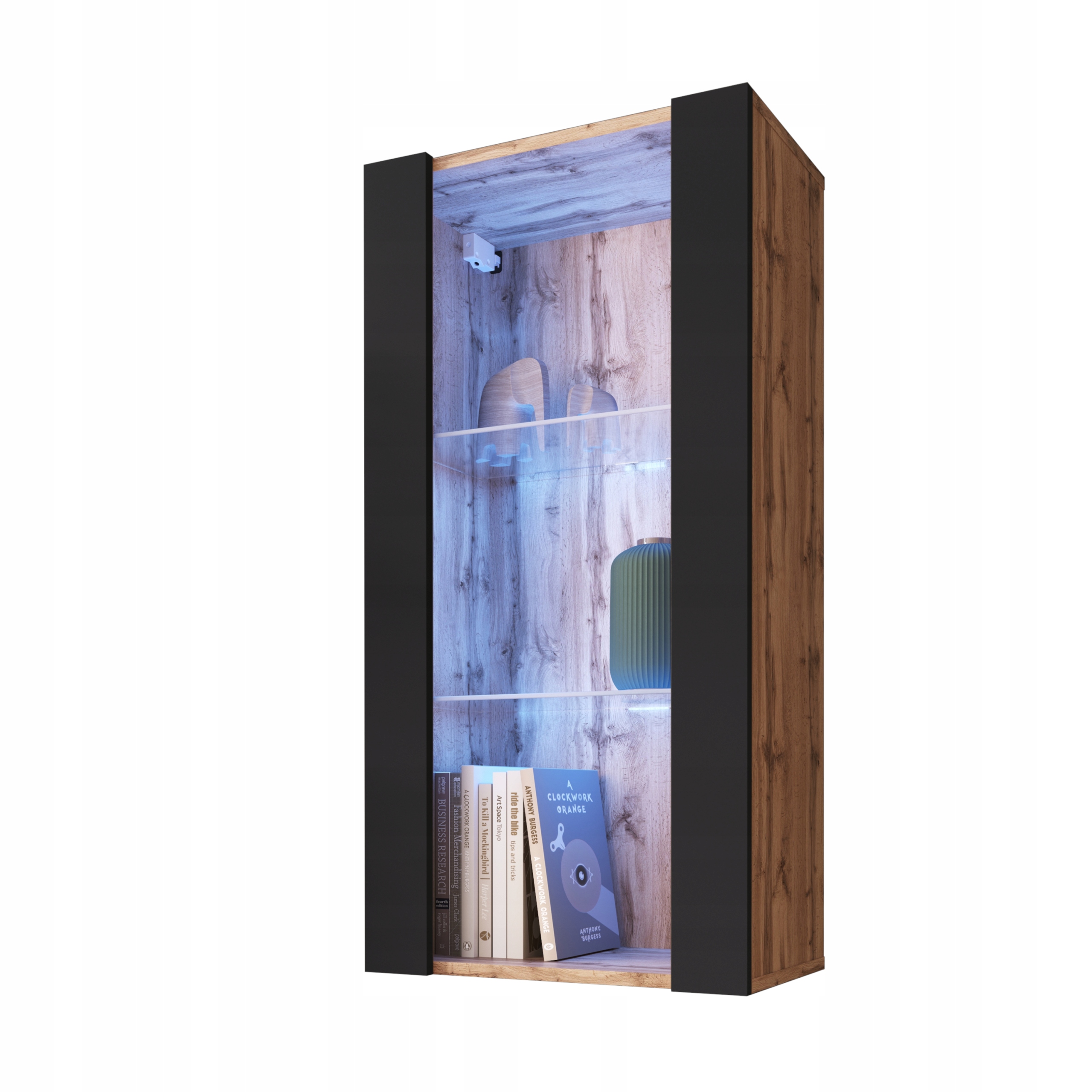 komodee Tivoli Závěsná vitrína Vertical 100 Dub Wotan-Černá Modré Led osvětlení
