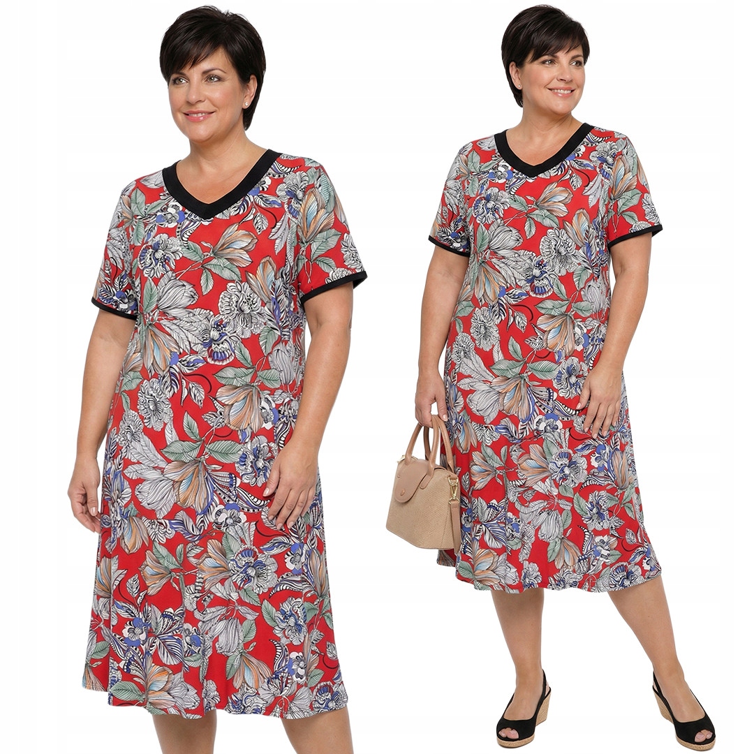 Červená šaty s pastelovými listy plus size velikost 48/50