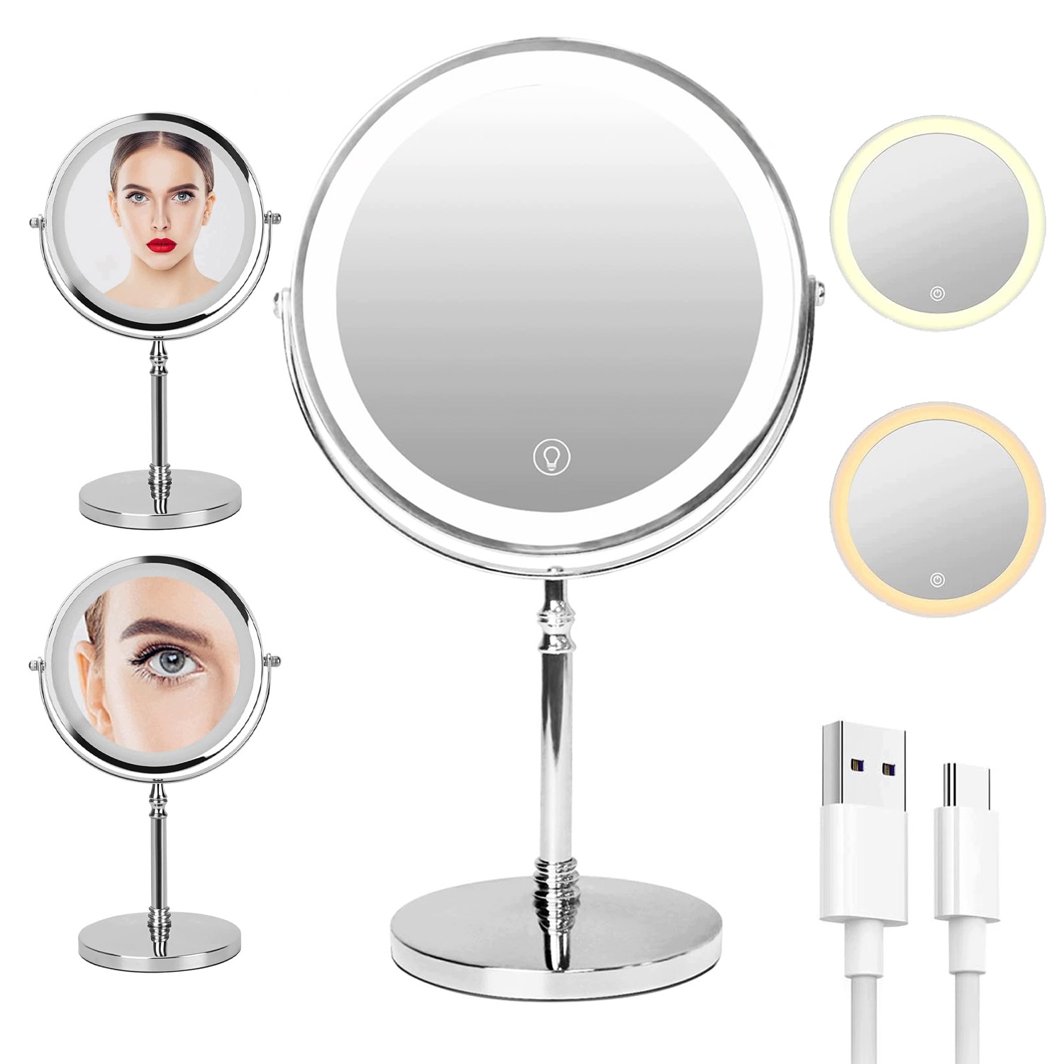 Led Kosmetické Zrcátko S Oboustranným Zvětšením, 5X Nabíjecí Usb Dotykové