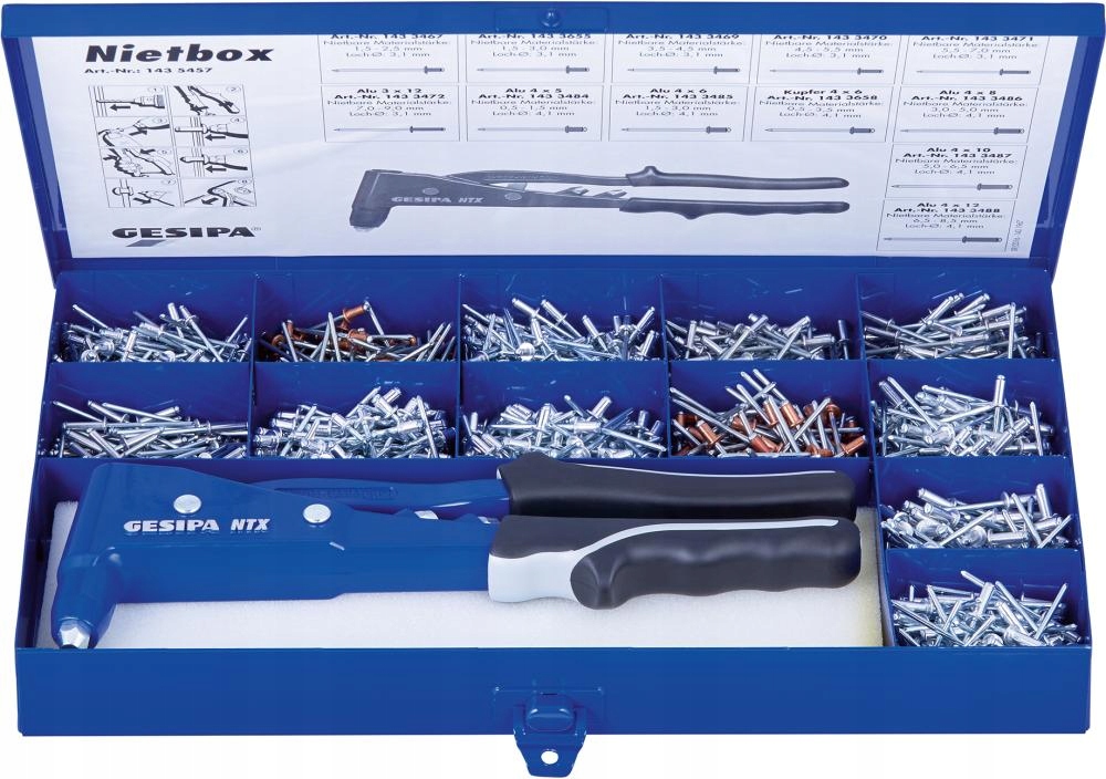 Uzamykatelné nýty Nietbox s ruční nýtovačkou Ntx, sada 941 dílů Gesipa