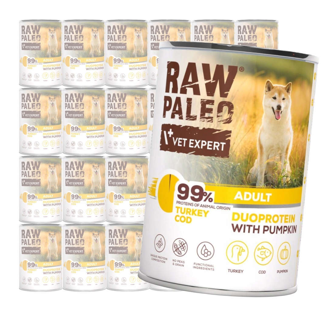 Raw Paleo Adult Duo 24x400g Vlhké Krmivo pro psy s krůtím masem a treskou
