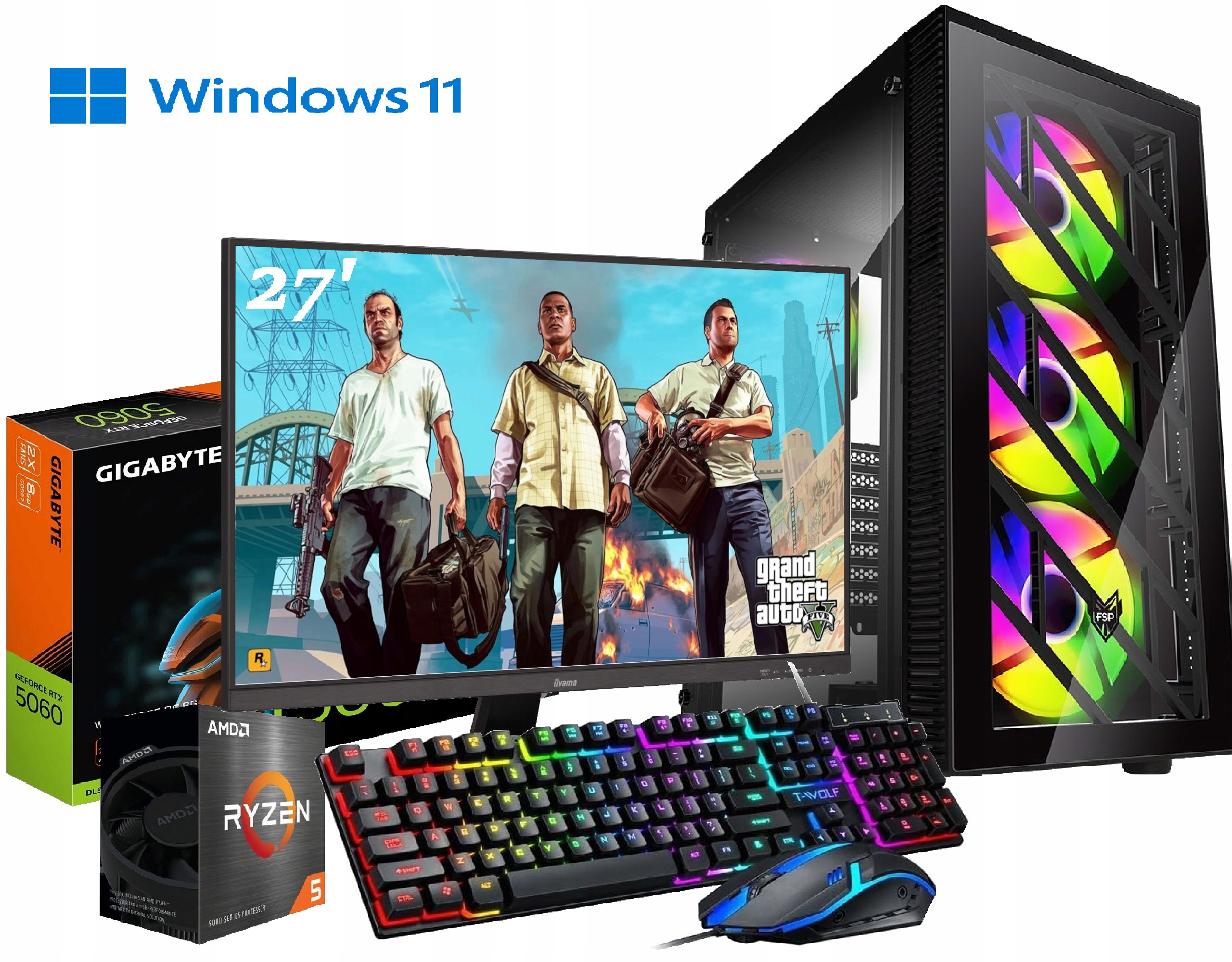 Herní sada Ryzen 5 Rtx 5060 8GB, 32GB DDR4 960GB M2 WIN11 Monitor 27'