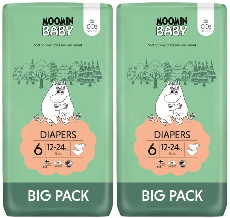 Moomin Baby 6 Maxi Eko Pieluszki Chłonne Pieluchy Muumi 12-24KG 51 Sztuk x2