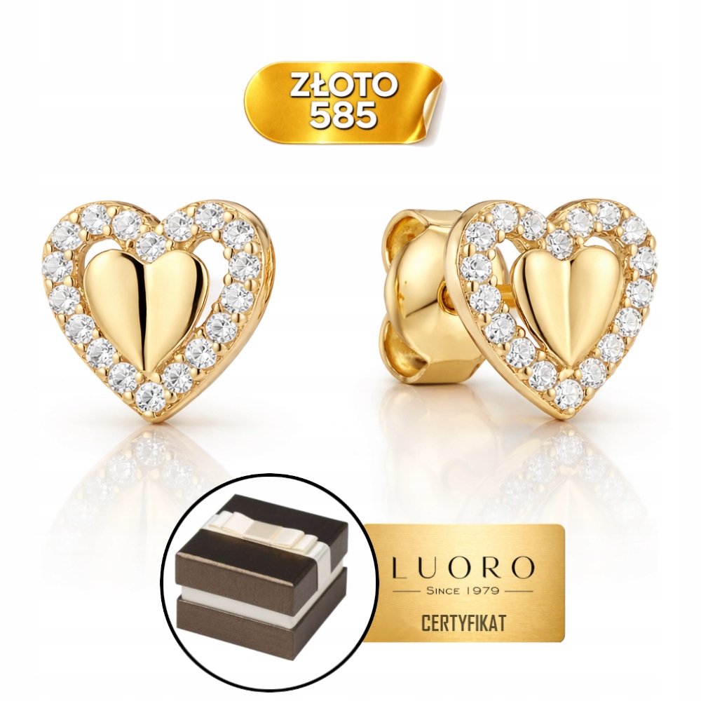 Náušnice Zlaté 585 14K Konvexní Srdce Se Zirkonem Tyčinka 8 MM Elegantní