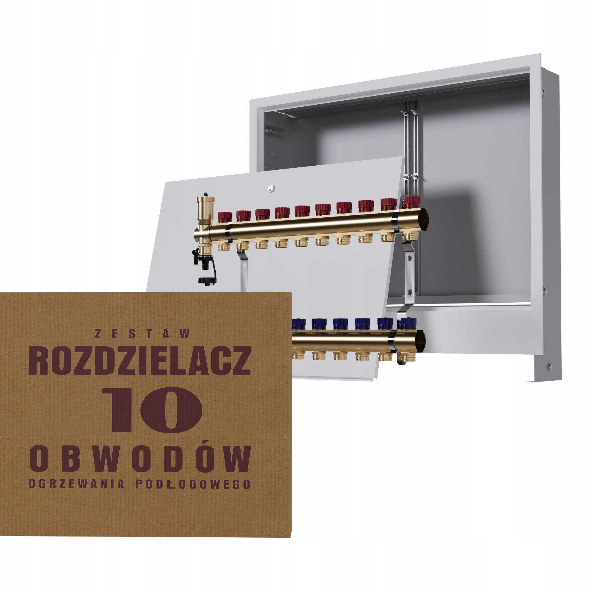 Manuální rozdělovač 10 okruhů pro radiátory podomítková skříňka