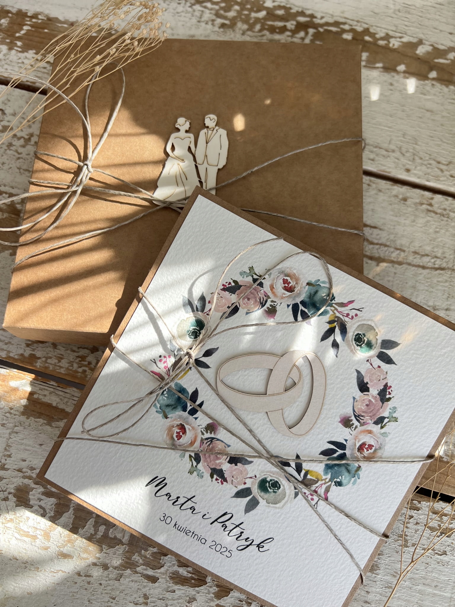 Rustikální kartička na svatba vyrobená ručně s personalizací a přáním