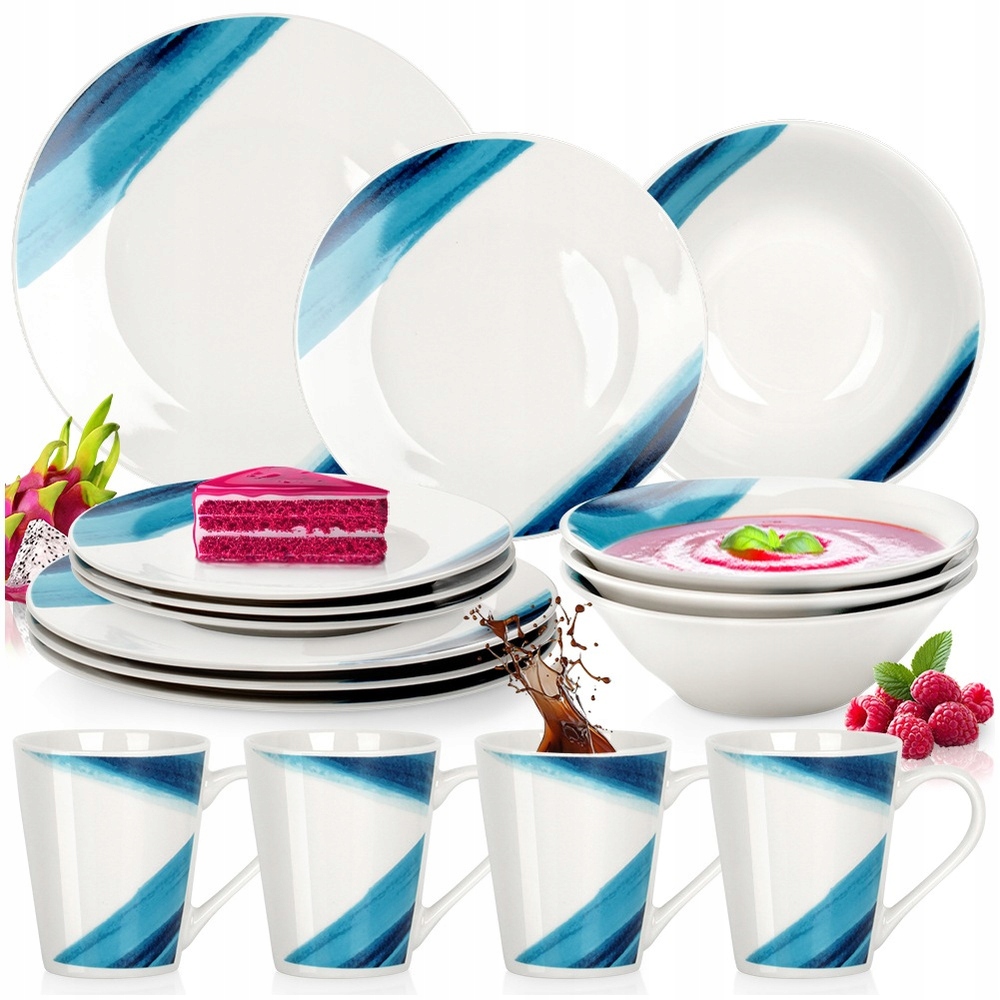 Sada jídelní servis porcelánová bílá modrá 16 ks