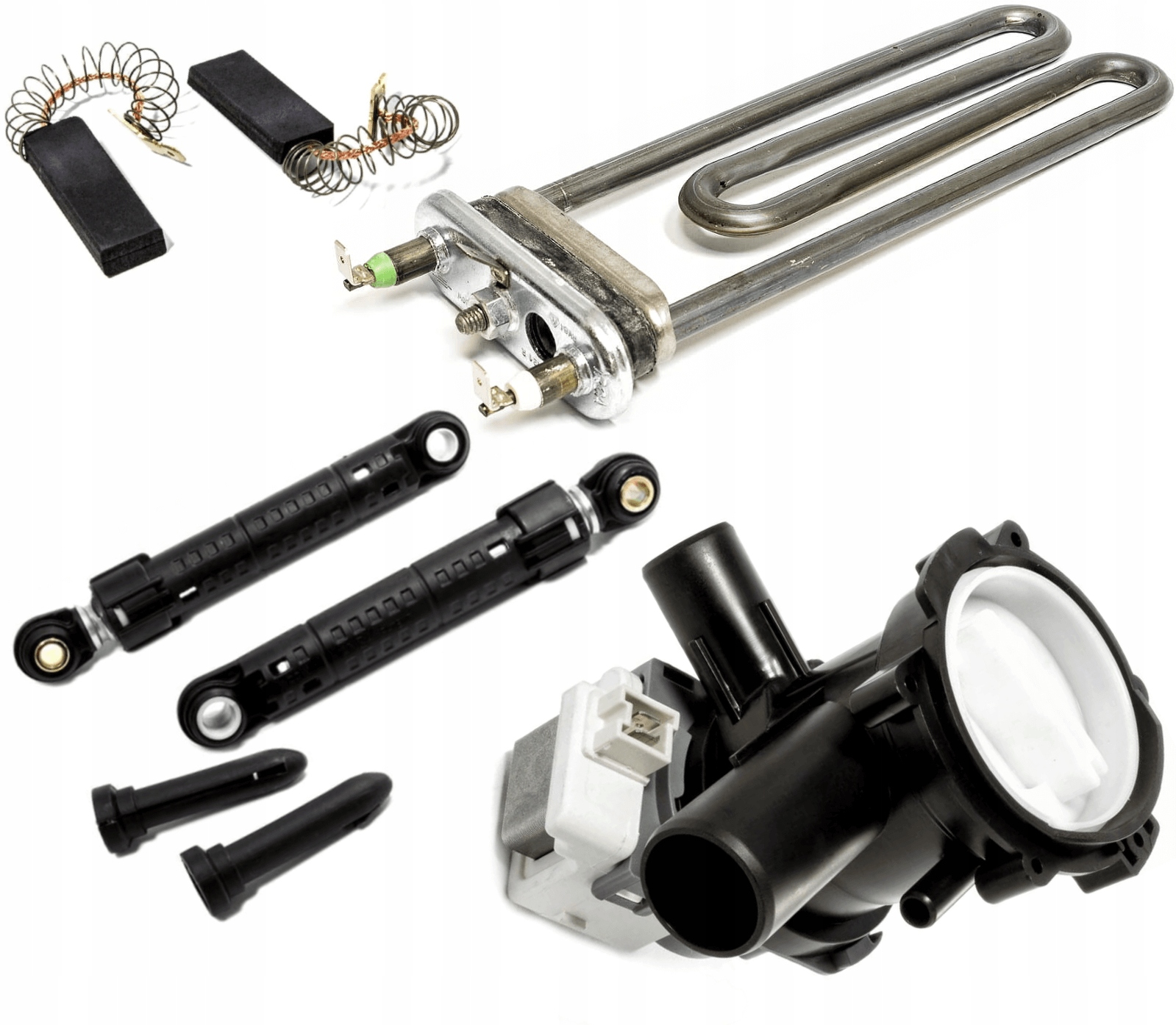 Zestaw szczotki węglowe, amortyzatory, pompa i grzałka do pralki Bosch