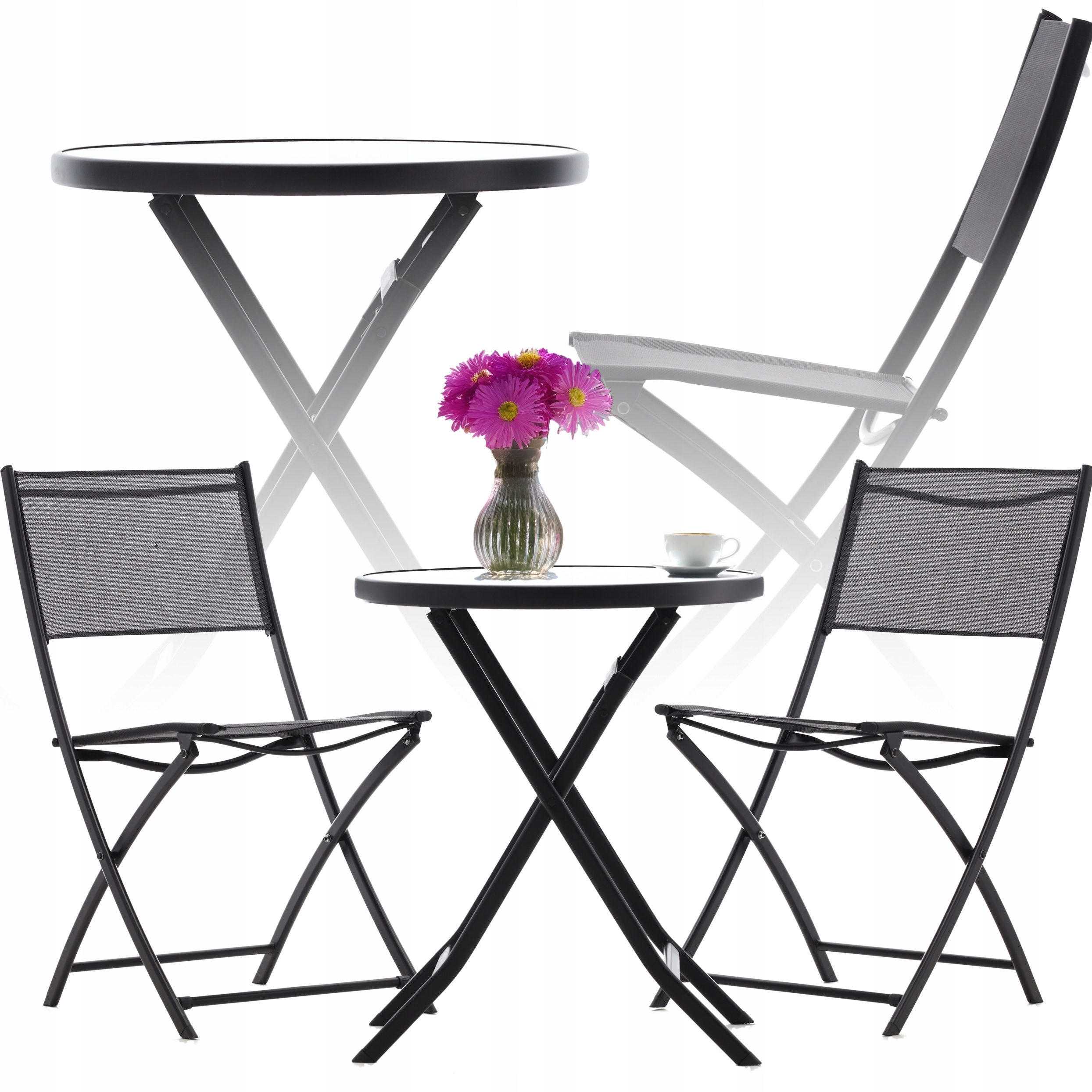 Sada Záhradného Nábytku Na Balkón, Okrúhly Stolík, 2 Skladacie Stoličky