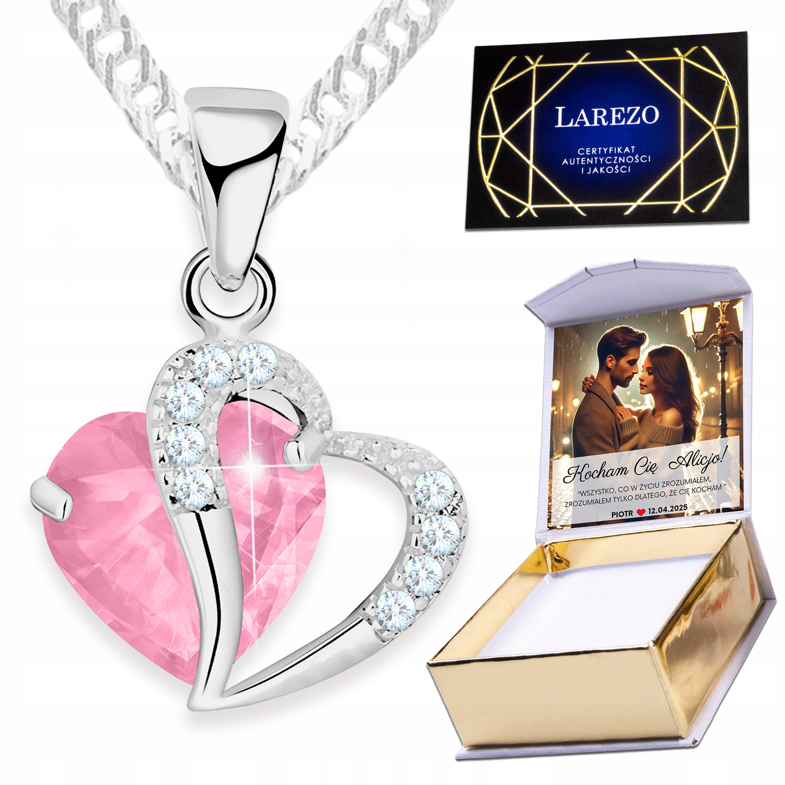 Stříbrný náhrdelník 925 Růžové Křišťálové Dvojité Srdce Zirkony Potisk