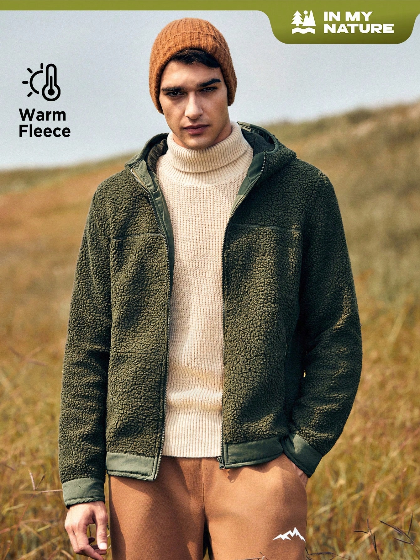 Pánská Fleecová Bunda S Kapucí Olivová Shein L