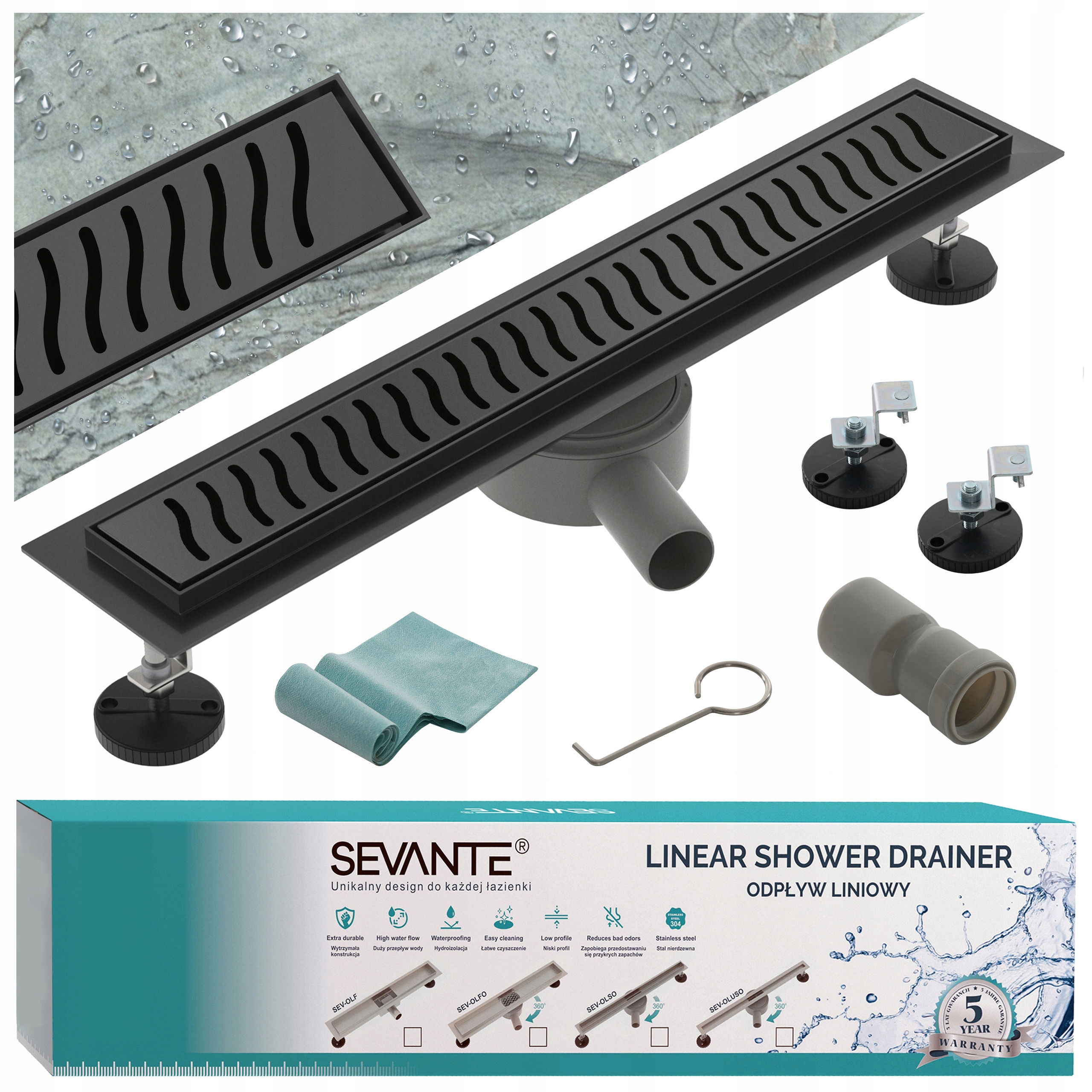 Lineárny odtok s maskovačom 60 cm Flat čierny nerezová oceľ otočný sifón