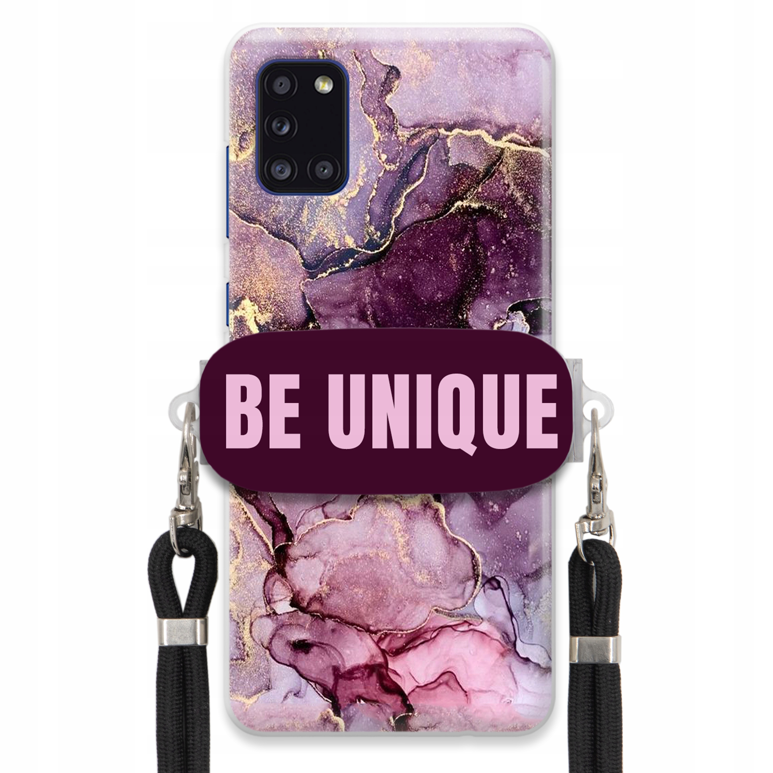 Pouzdro Premium pro Samsung A31 Case úchytka na šňůrku Černá Fialová Mramorová