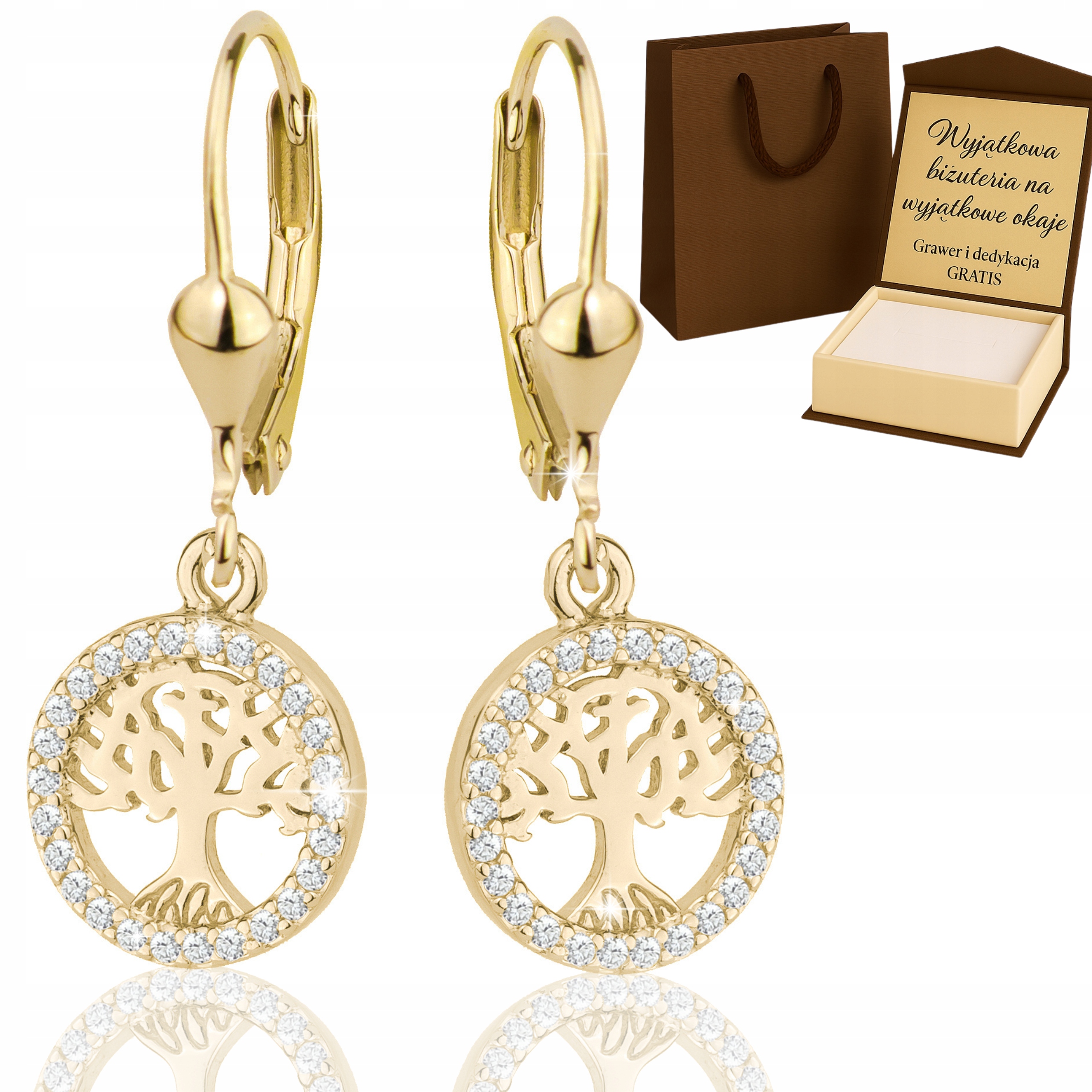Zlaté Náušnice Závěsný Stromek Štěstí Se Zirkony 925/585 Pozlacené