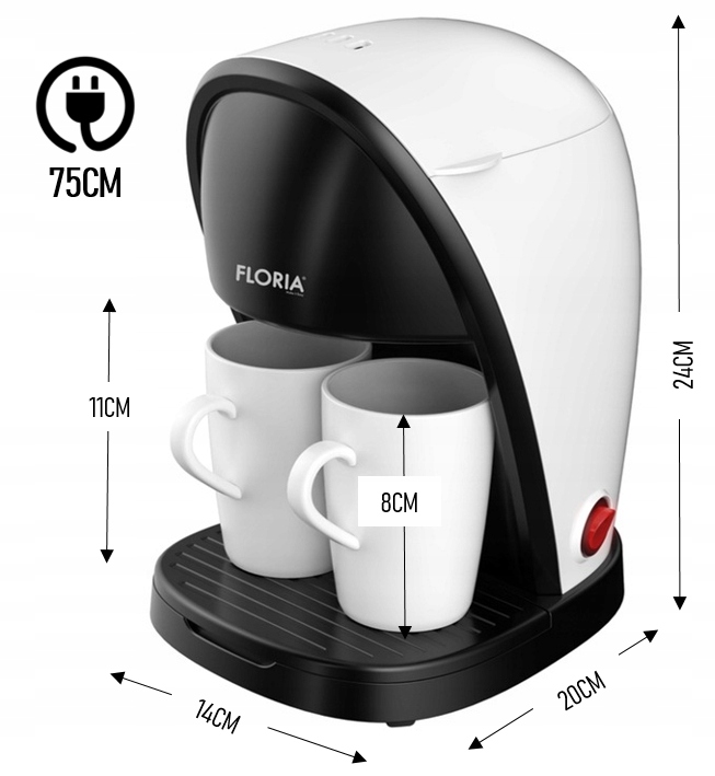 EKSPRES PRZELEWOWY DO KAWY BIAŁY 450W KUBKI 2X125ML Pojemność 0.25 l