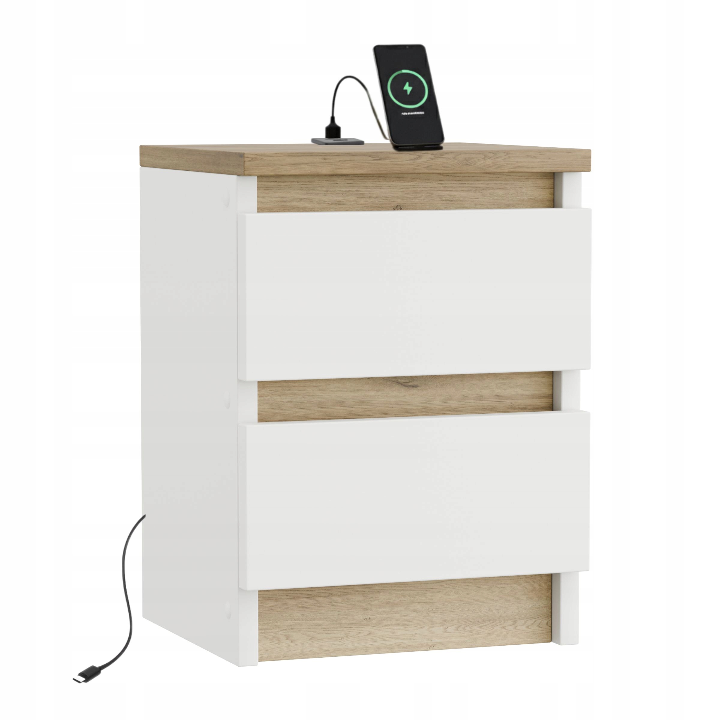 Noční Stolek Bílá Dub Torro 30 CM S Portem Usb/usb C, Dvě Zásuvky