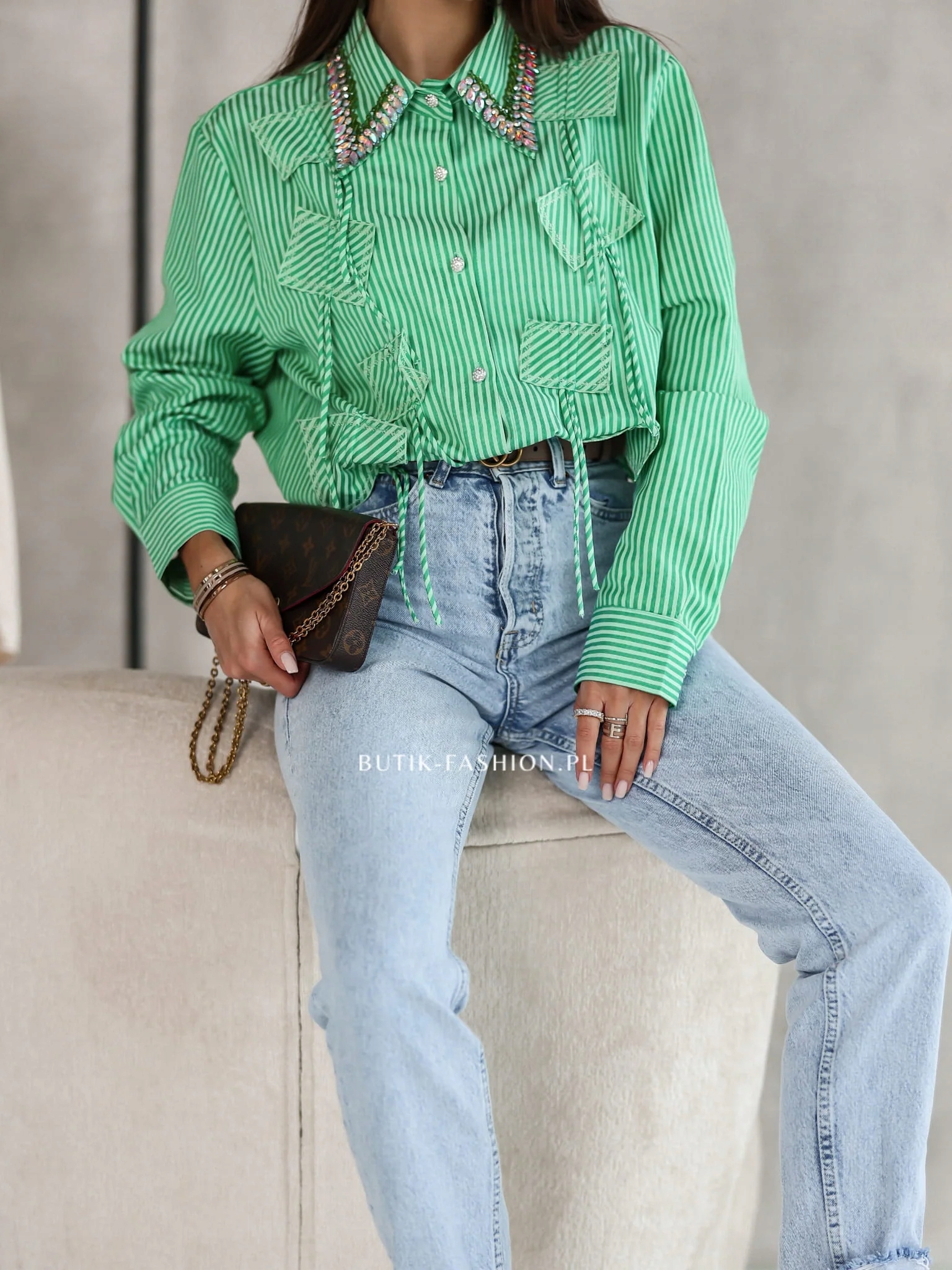 Pruhovaná košile zdobená zirkony Zelená Glamour Strip M/L
