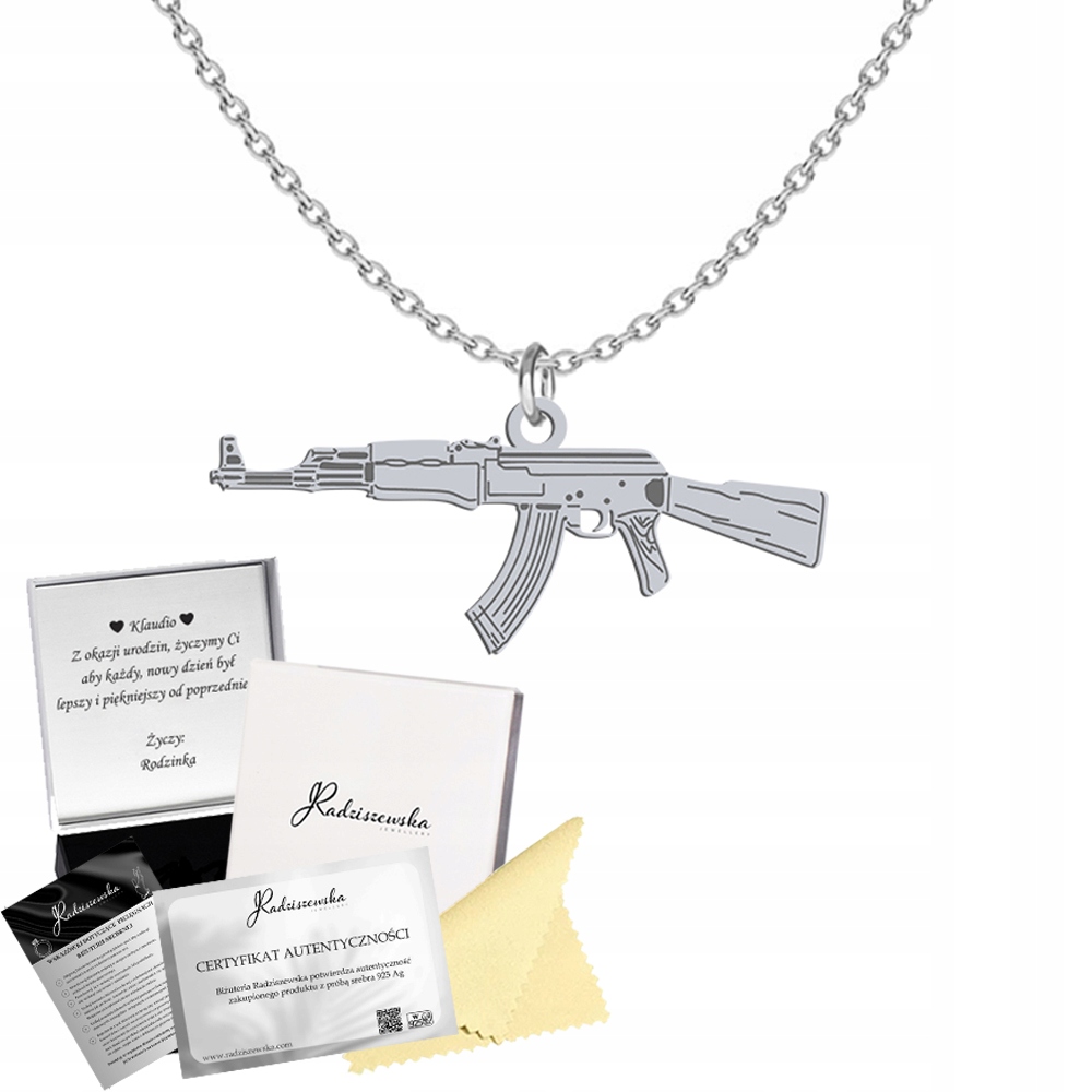 Stříbrný náhrdelník Kalašnikov Ak 47 Řetízek 925 Věnování Dárek Bonus