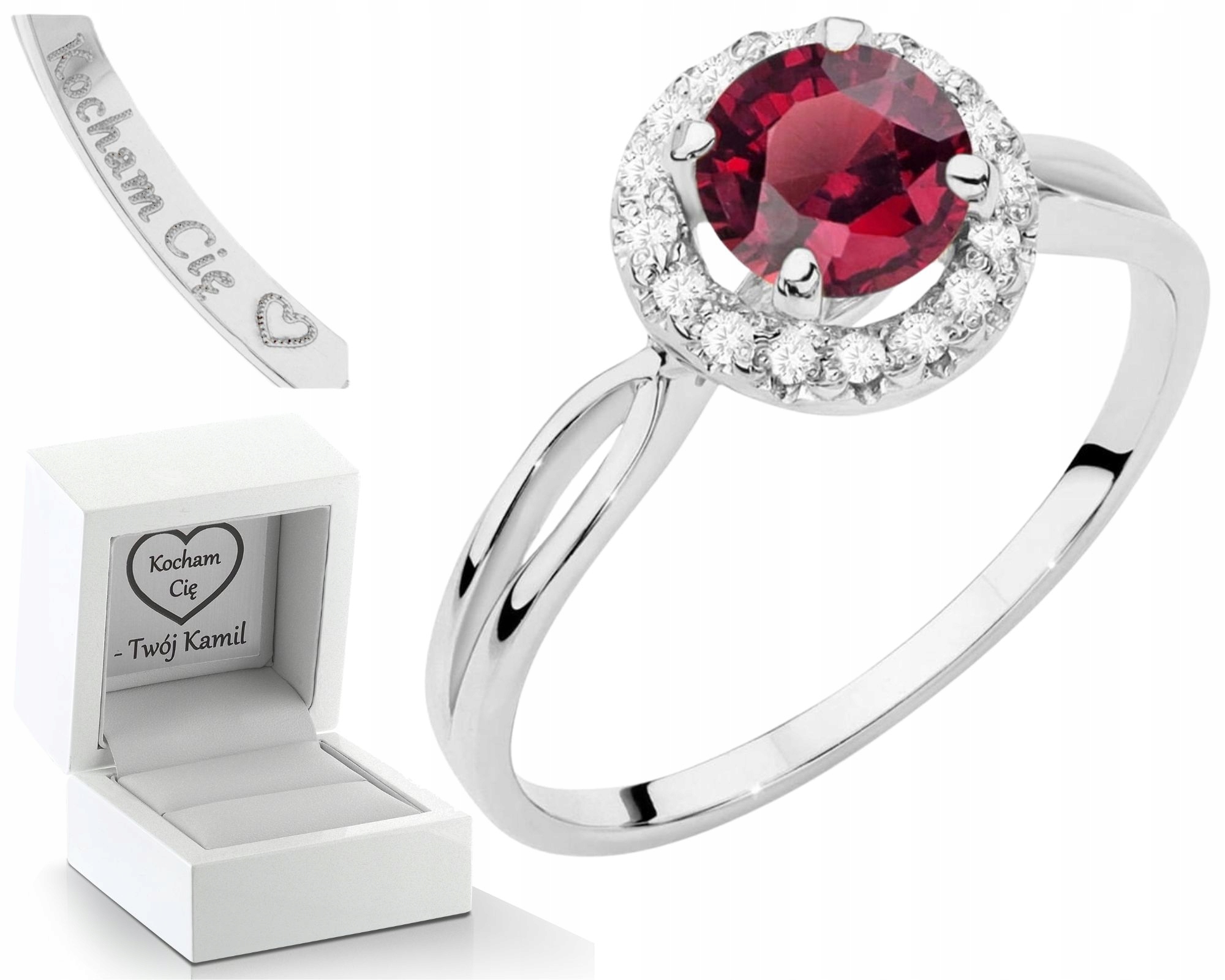 Prstýnek Z Bílého Zlata S Rubíny A Diamanty 585 14K Zlato Dárek Gravírování