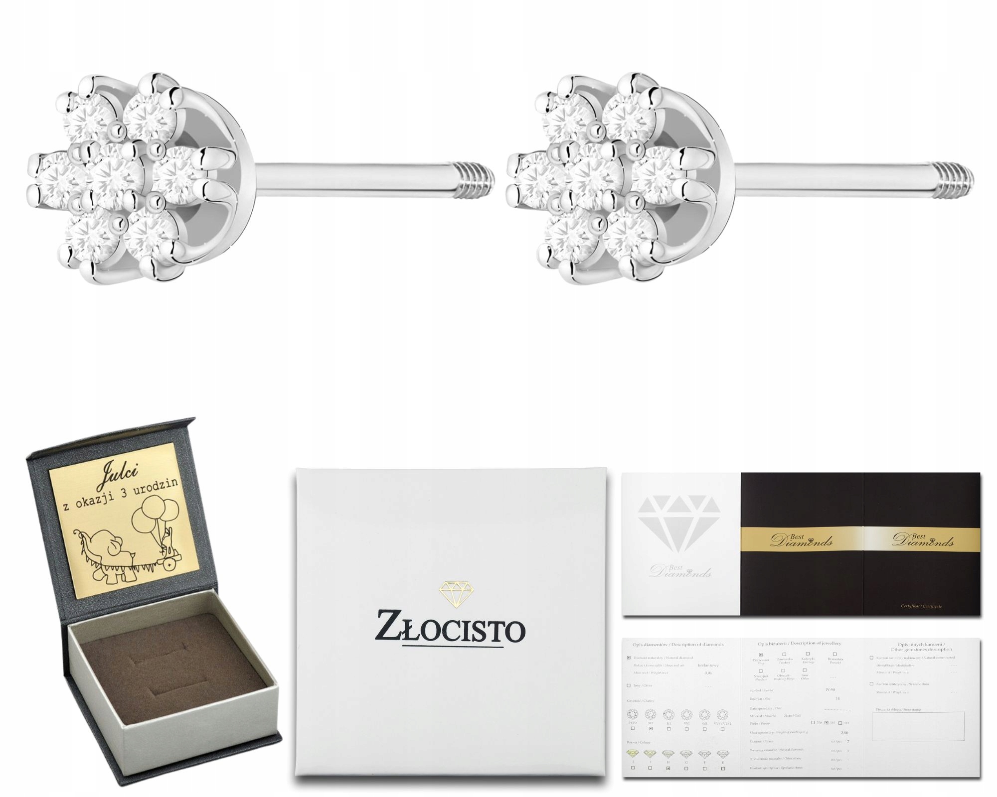 Bílé Zlato Diamantové Náušnice Dárek Šroubovací Puzeta 585 S Gravírování