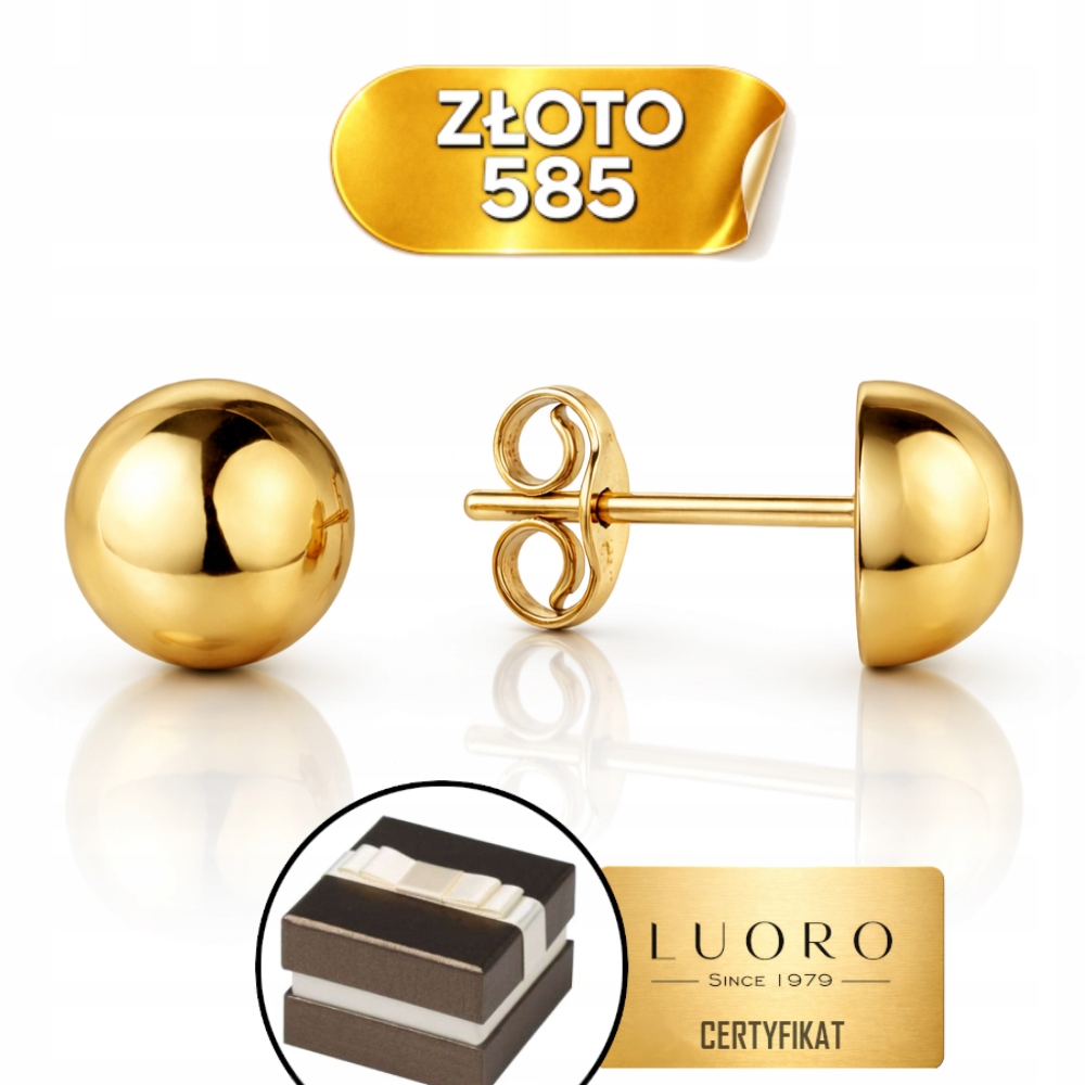 Náušnice Zlaté 585 14K Půl Kuličky 10 MM Tyčinka Elegantní Dárek