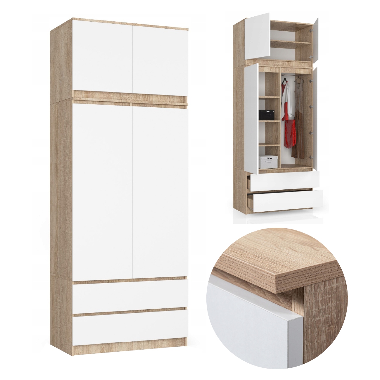Szafa S 90cm 2D 2SZ Sonoma Biała Nadstawka