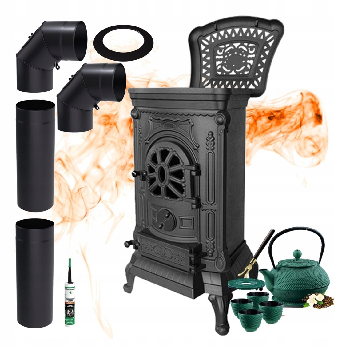 Kamna litinová s volně stojícími trubkami Koza P9 (8 kW) varná deska konvice