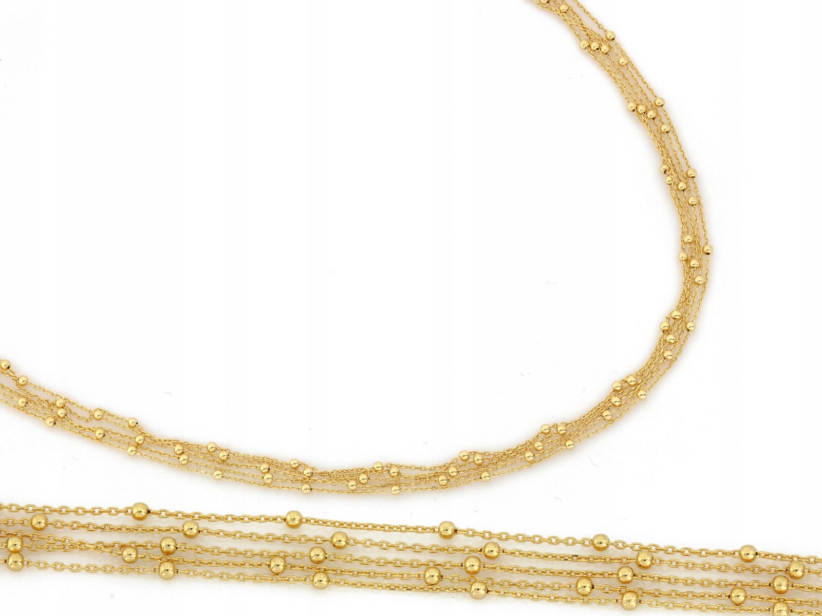 Stříbrný náhrdelník 925 pozlacený, pět řetízků s kuličkami, 7.06g