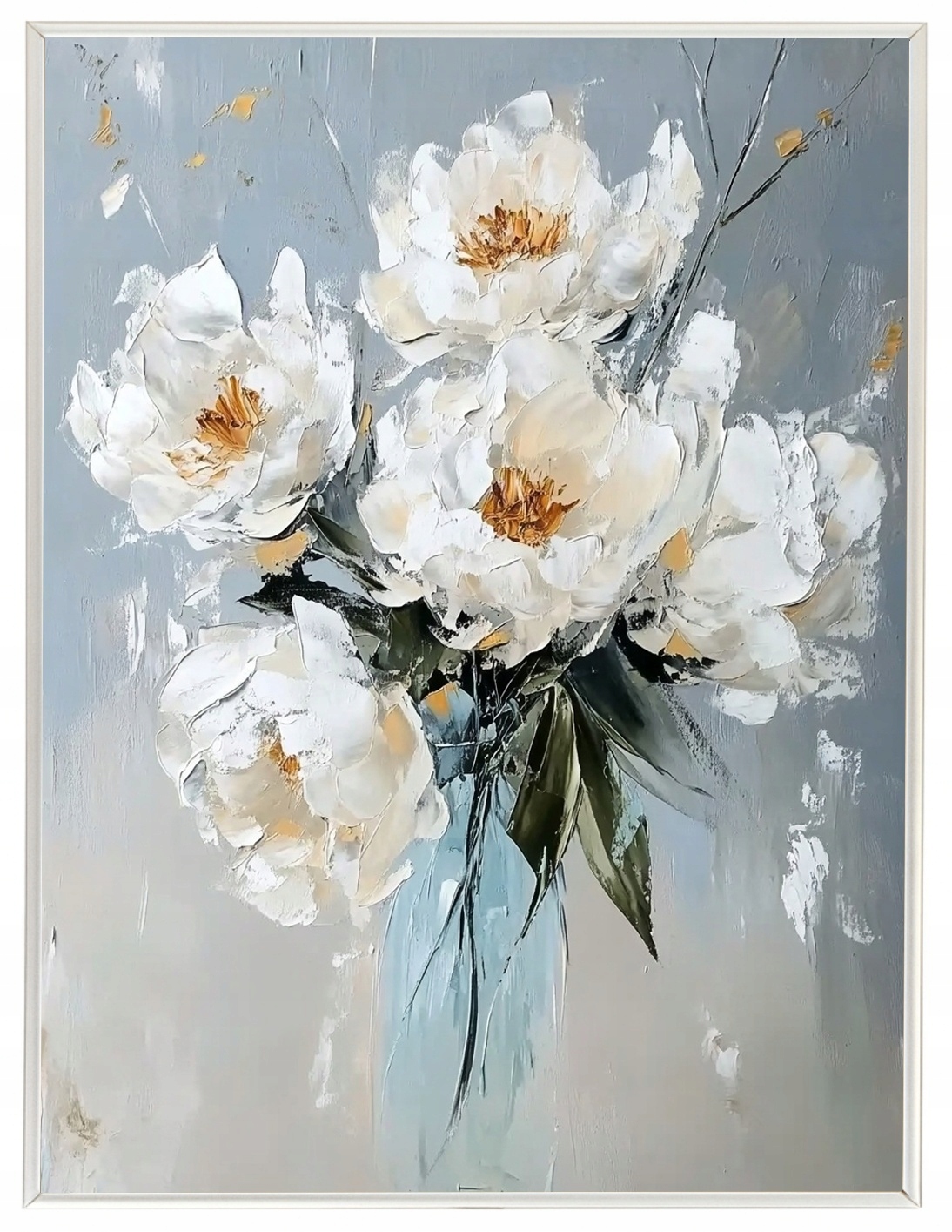Plakát Rámeček Hliníkový Olej Impasto Květiny Bílé Pivoňky Kytice 60x80