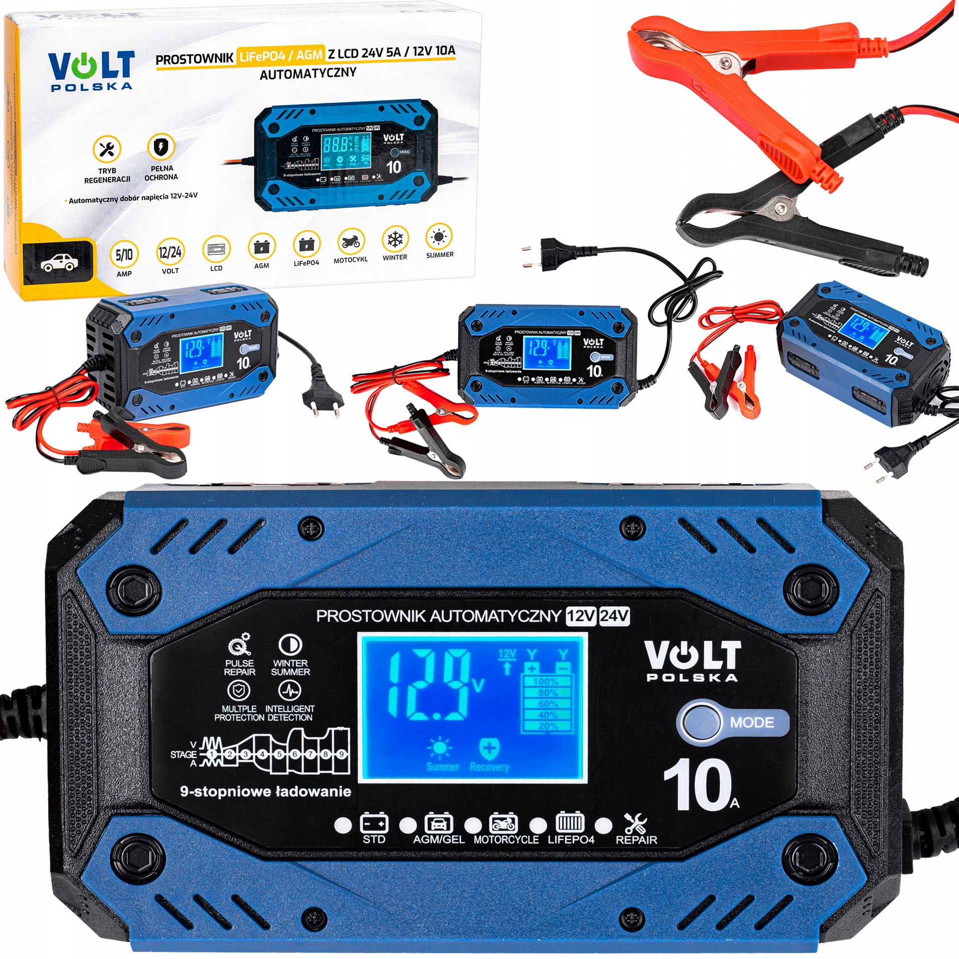 Prostownik Ładowarka Do Akumulatora Agm LiFEPO4 LCD Volt 12V 24V 5A 10A
