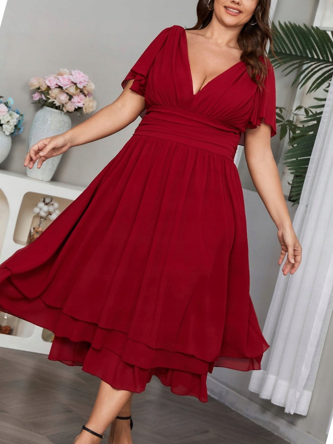 Šaty Midi Šifonová Večerní Bordó Prošívaná 5XL 50