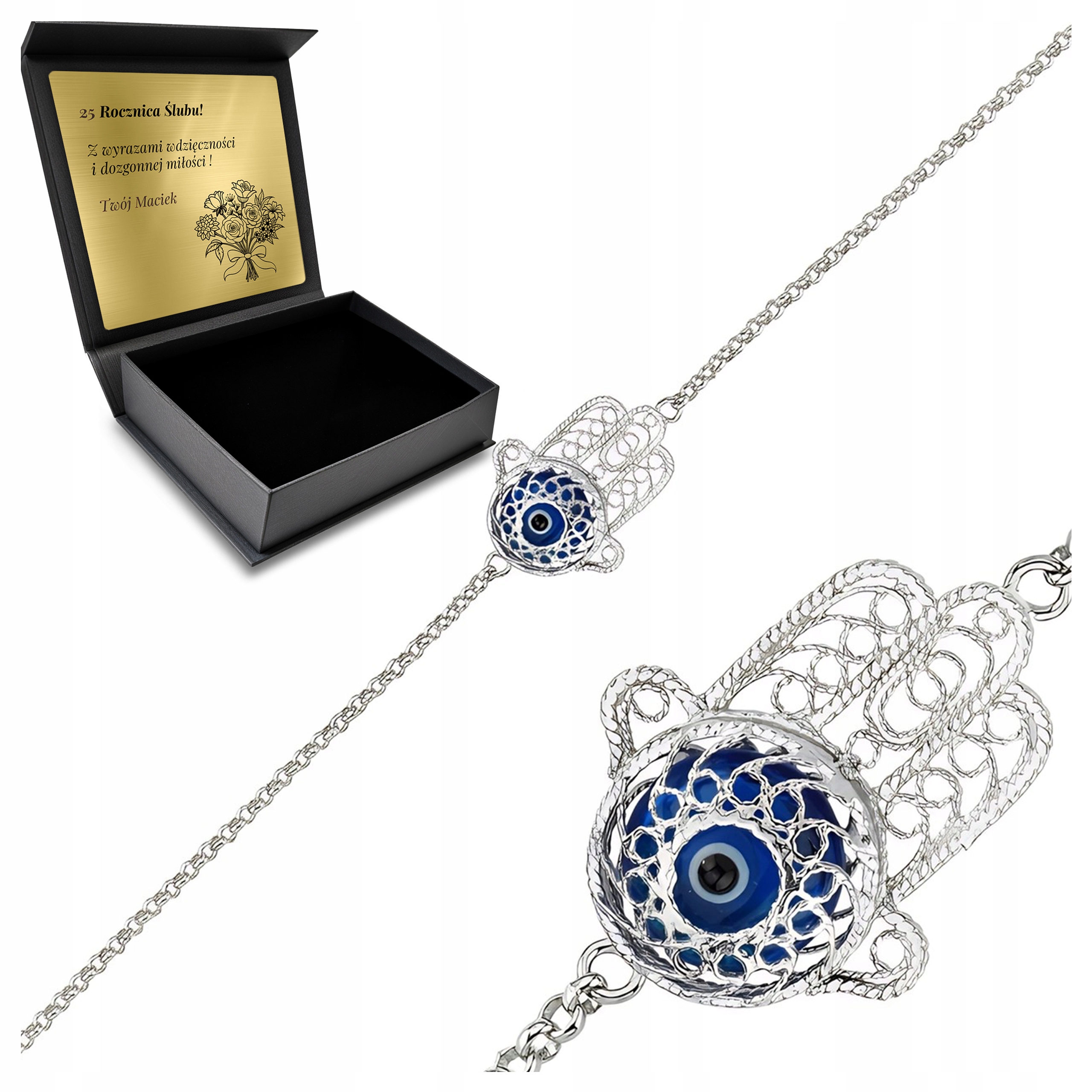 Stříbrný náramek Orientální turecká ruka Fatimy Talisman Gravírování Bonus