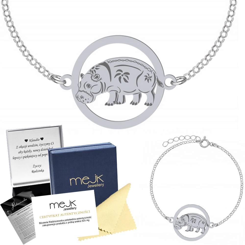 Stříbrný náramek Hroch 925 Dárek Šperky Žena Gravírování Bonus
