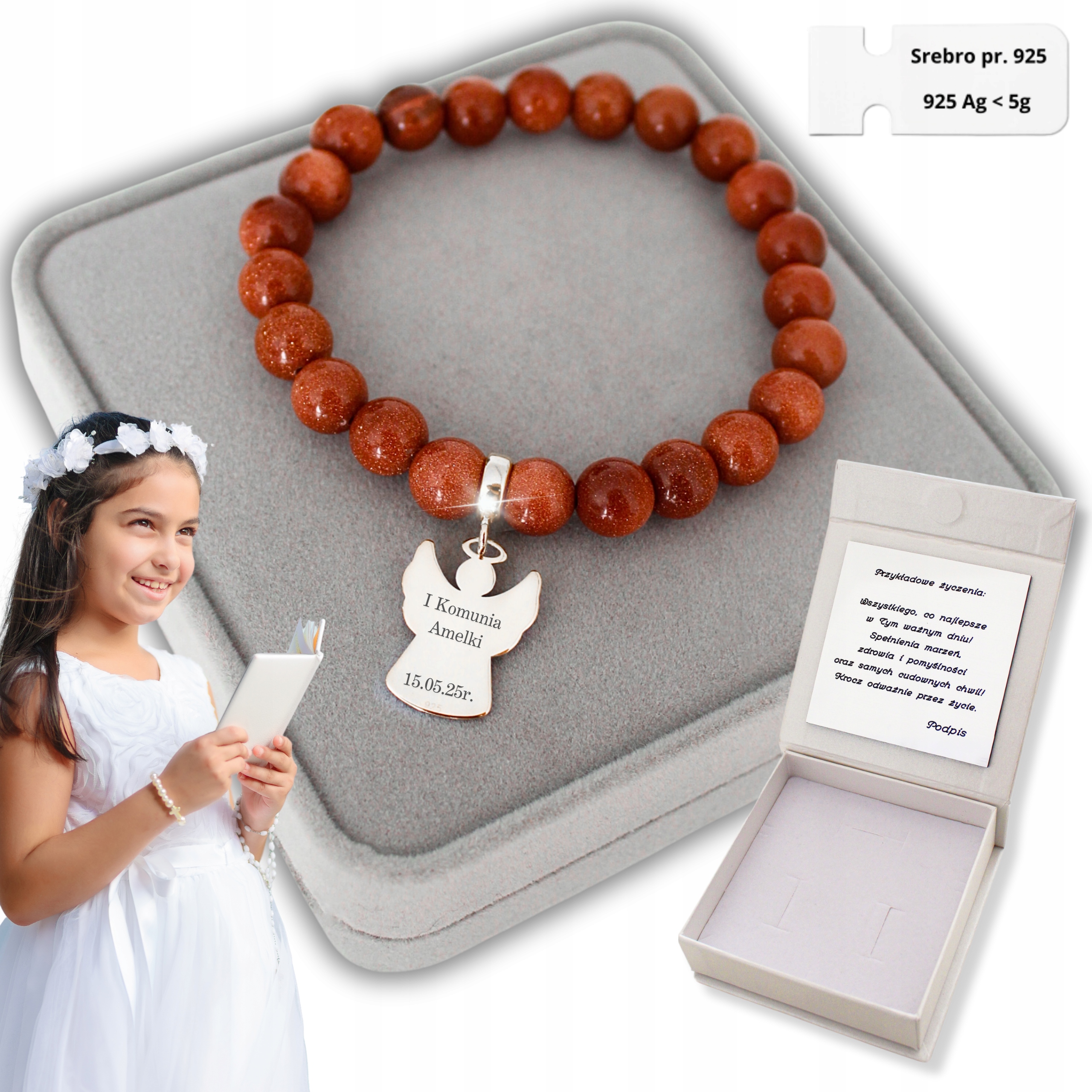 Stříbrný náramek s andělem pro holčičku Dárek k přijímání Gravírování